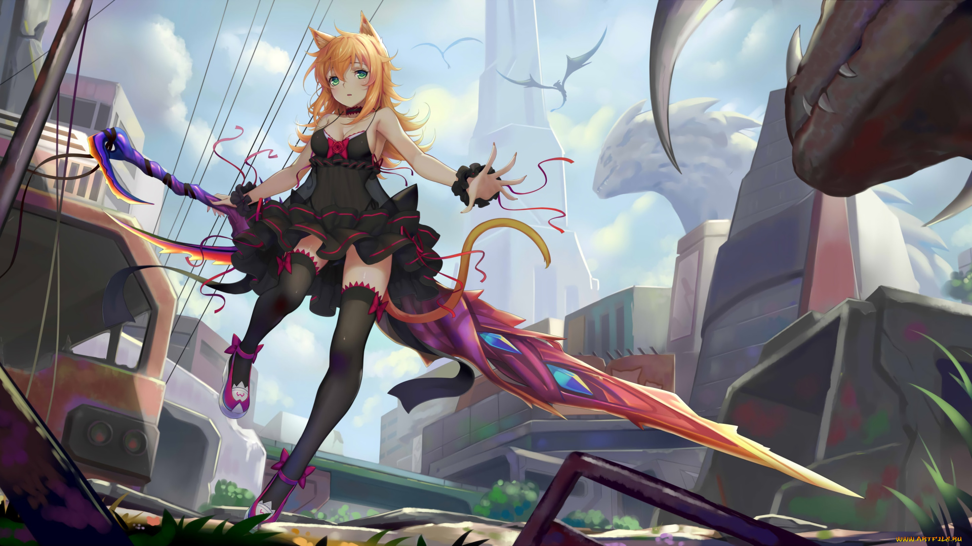 аниме, животные, , существа, фон, взгляд, девушка