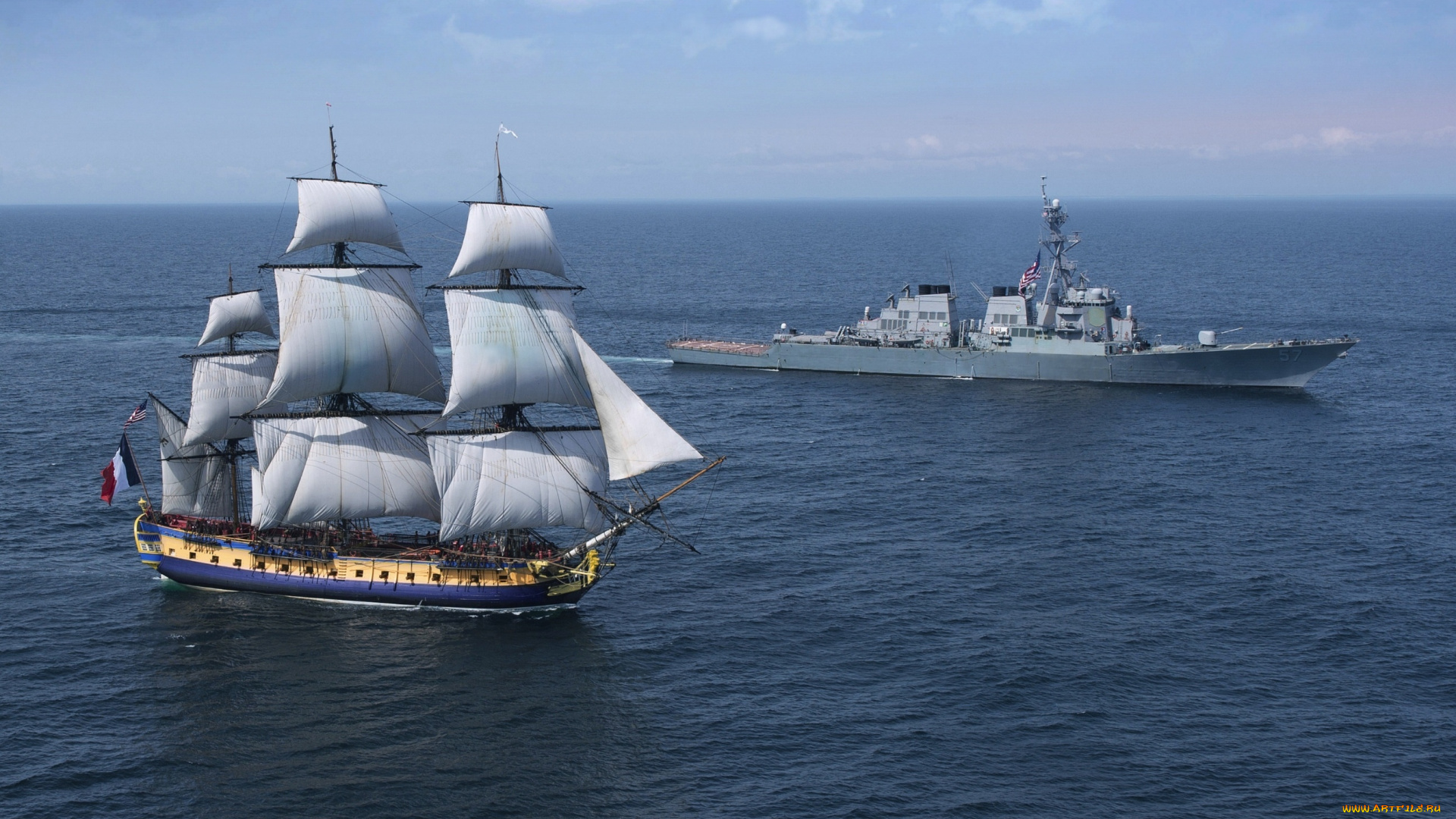 корабли, разные, вместе, парусник, эсминец, море, эпохи
