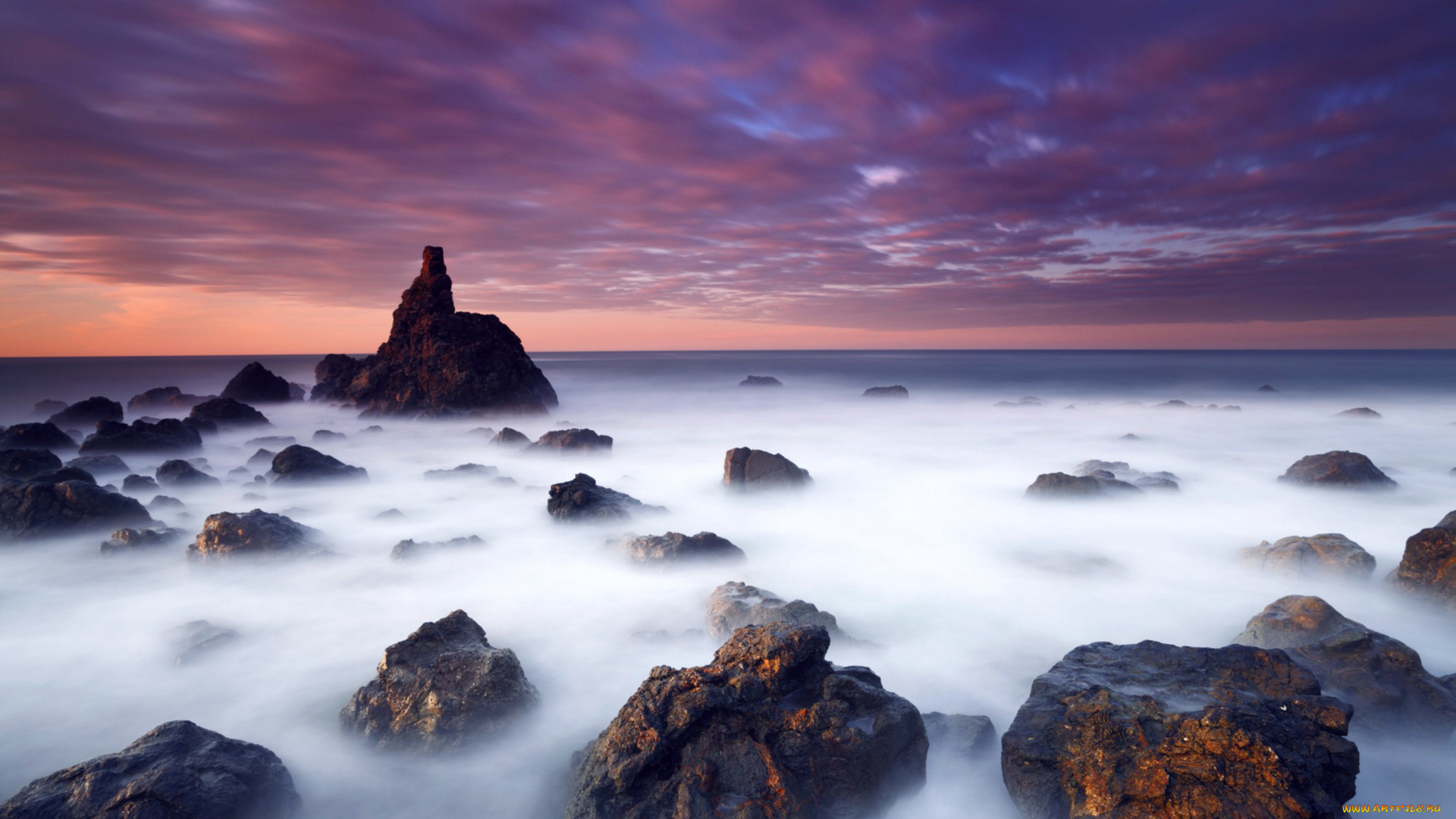 природа, побережье, море, камни, туман, небо, тучи