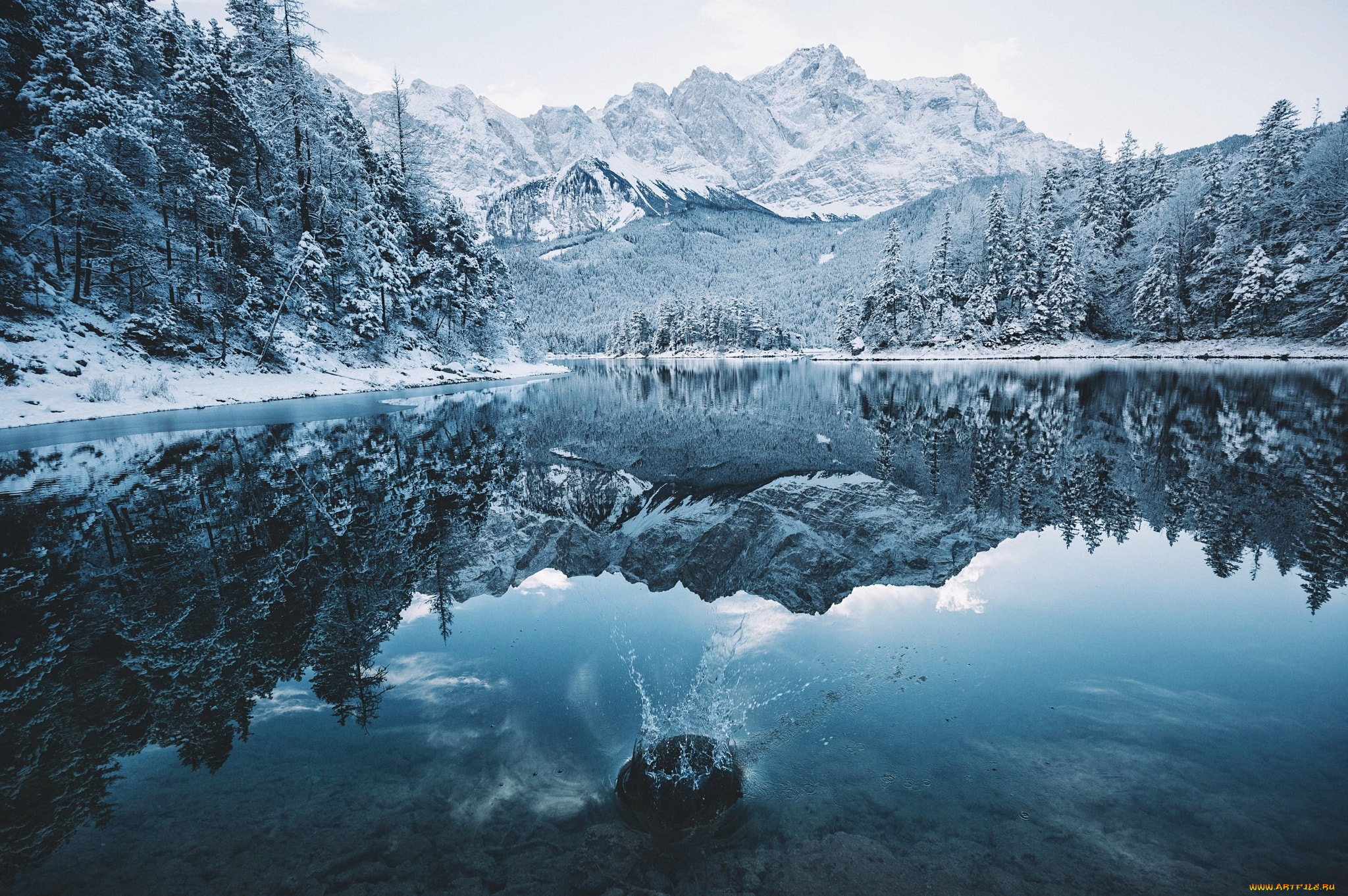 природа, реки, озера, озеро, зима, снег, горы, всплеск, лес