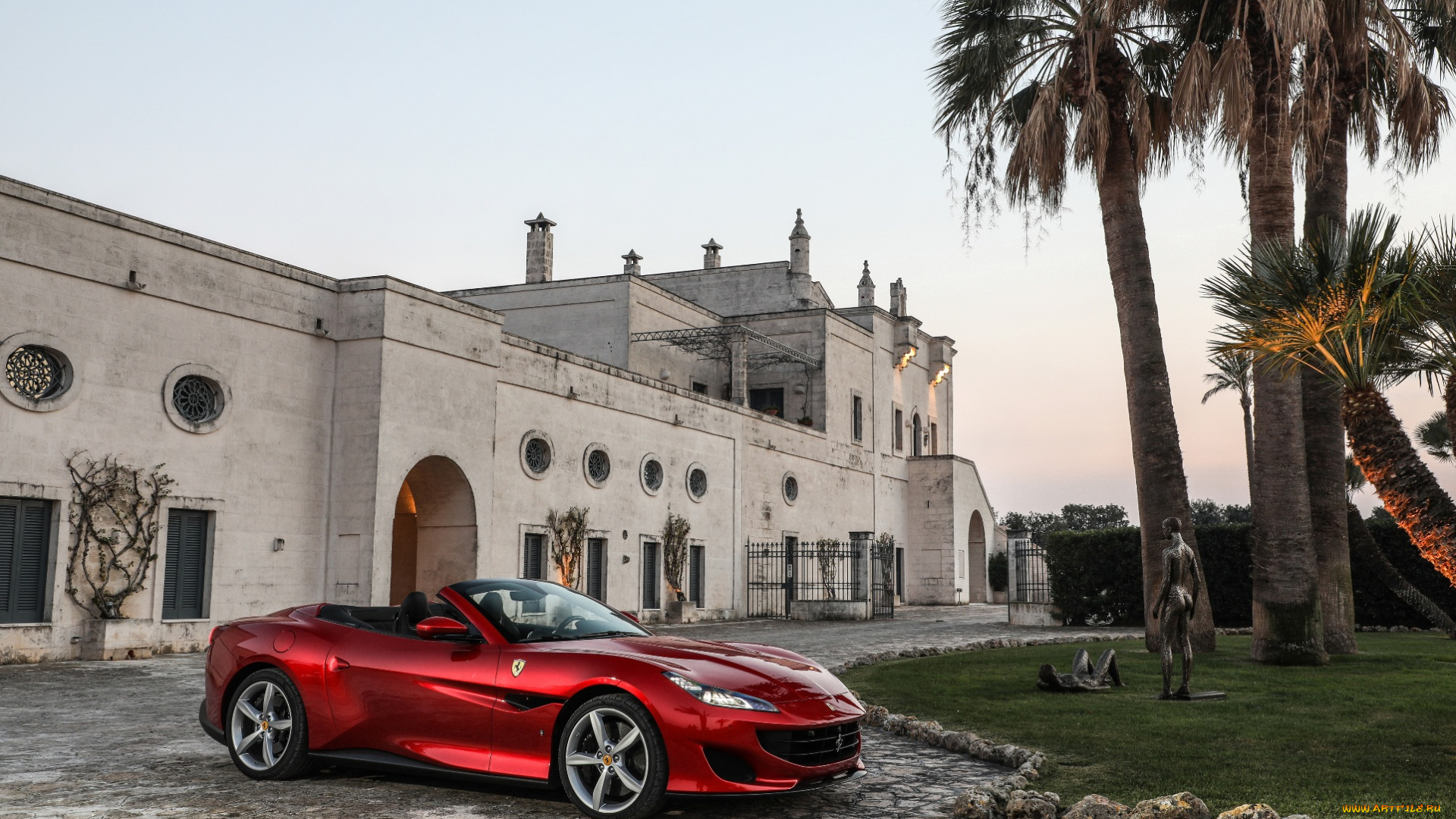 автомобили, ferrari, особняк, пальмы, кабриолет, portofino, красный, феррари, скульптура, дорожка