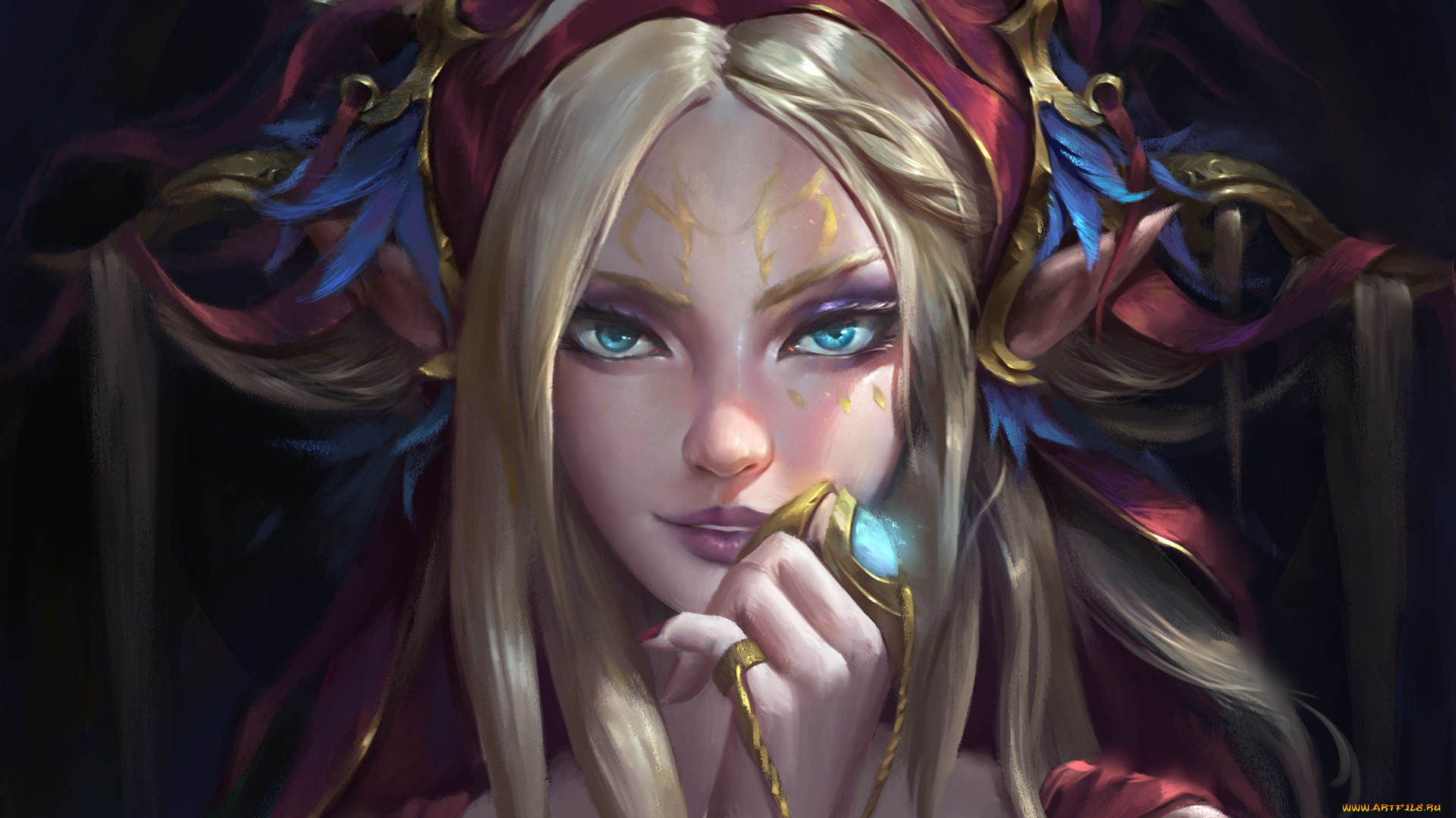 фэнтези, девушки, арт, рука, ленты, волосы, взгляд, украшение, девушка