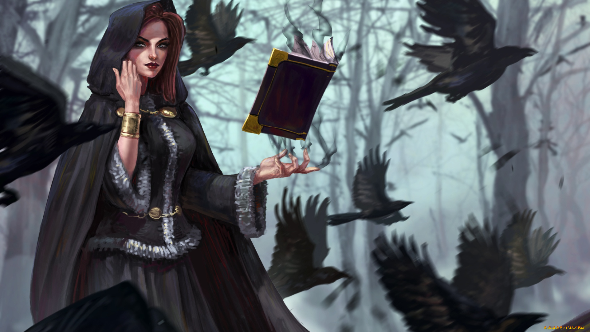 фэнтези, девушки, вороны, магия, капюшон, арт, деревья, книга, птицы, ведьма, лес, фэнтази