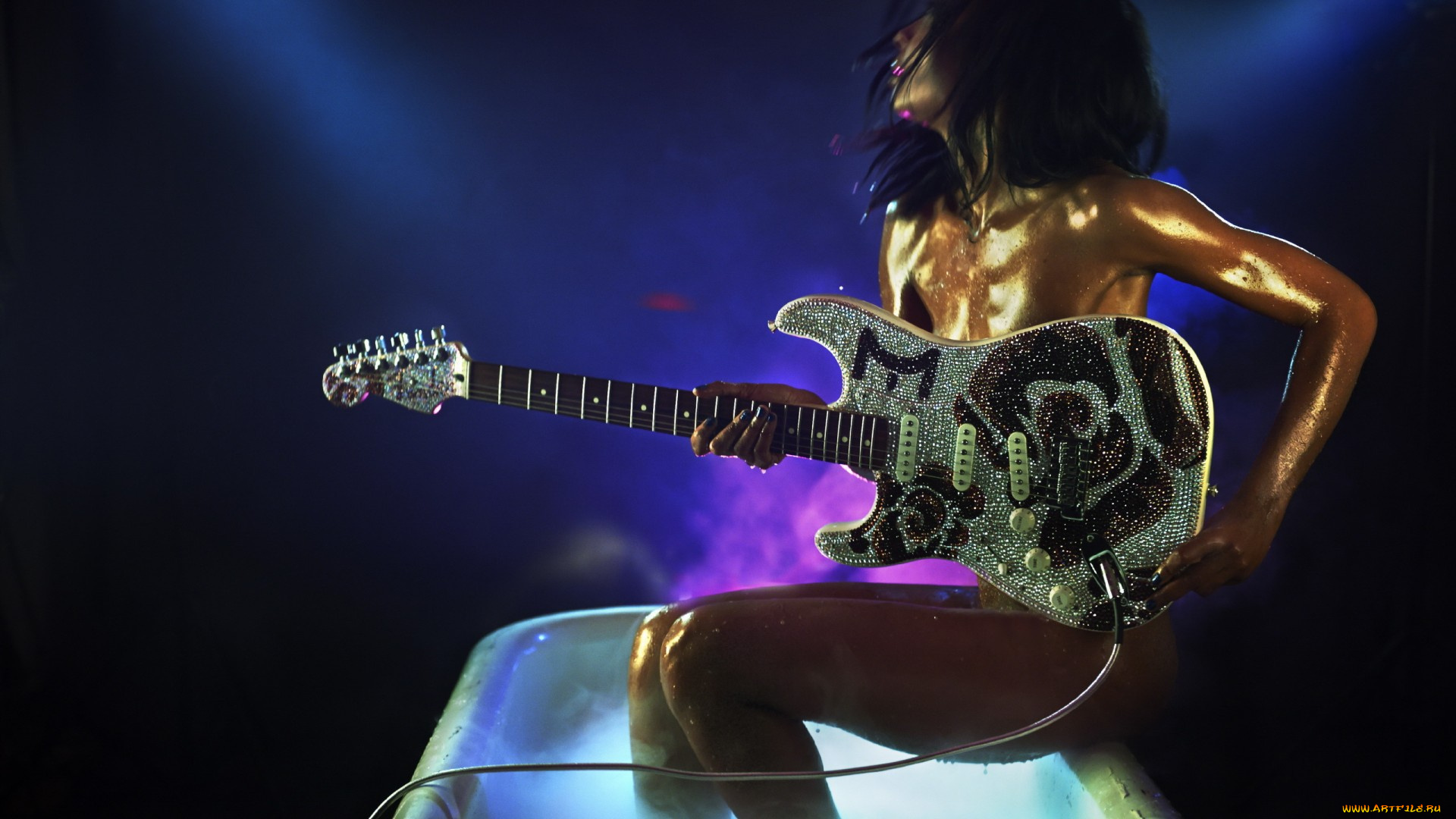 музыка, -другое, гитара, девушка, ванна