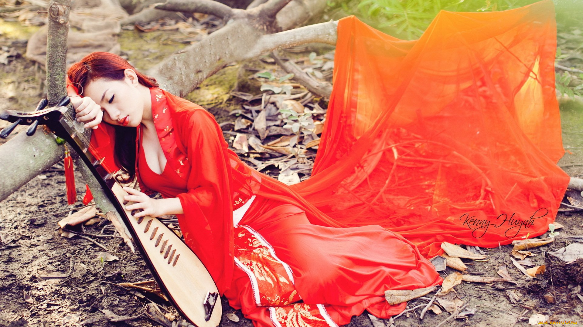 музыка, -другое, инструмент, девушка, дерево