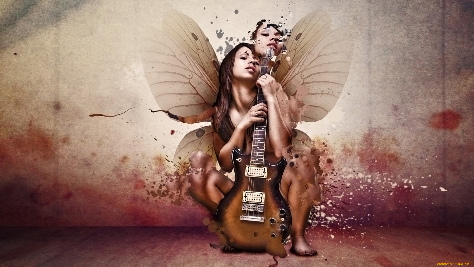 разное, компьютерный, дизайн, гитара, фон, девушка, взгляд