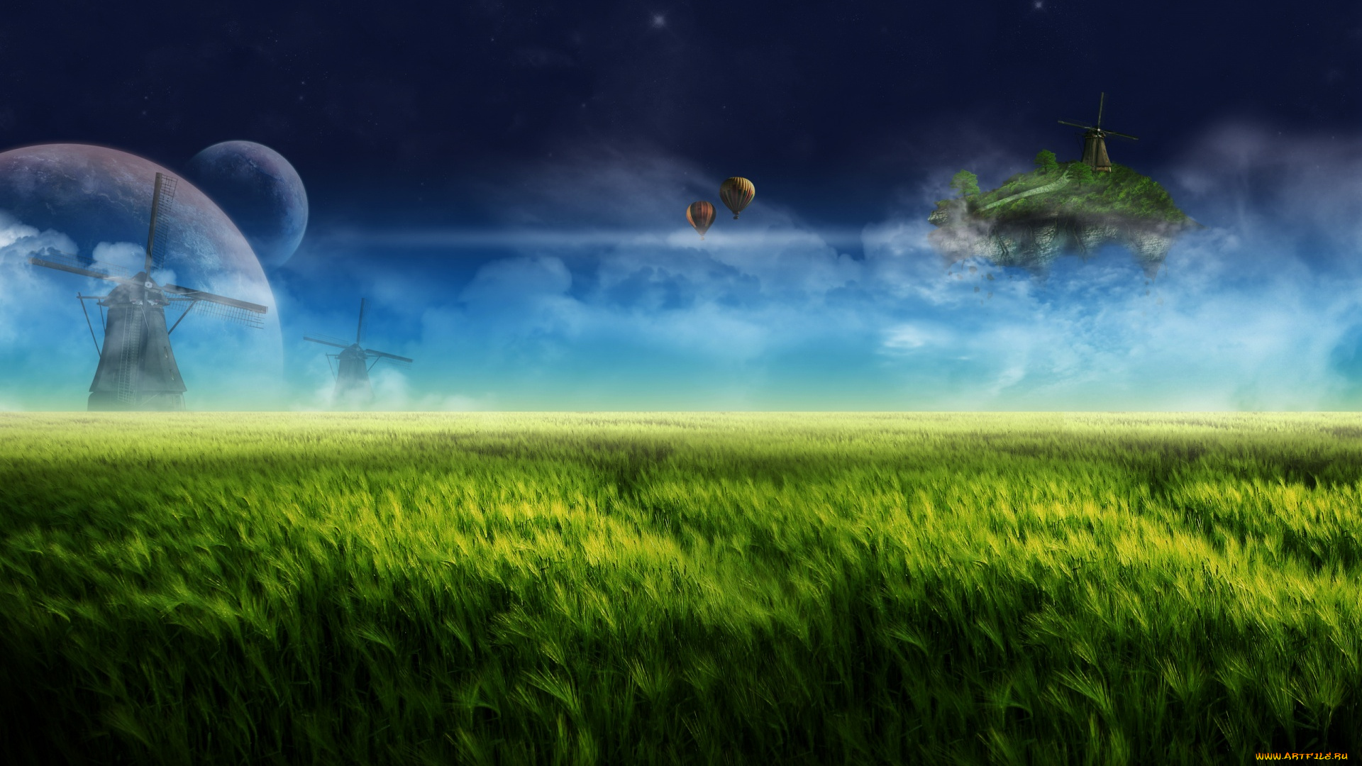разное, компьютерный, дизайн, шары, воздушные, поле, мельницы, облака, остров, небо, планеты