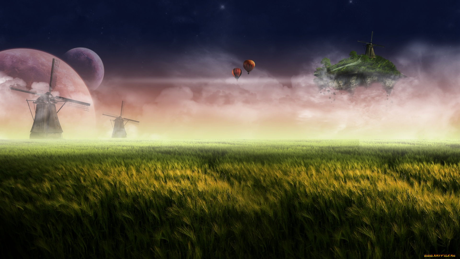 разное, компьютерный, дизайн, воздушные, планеты, остров, облака, мельницы, небо, поле, шары