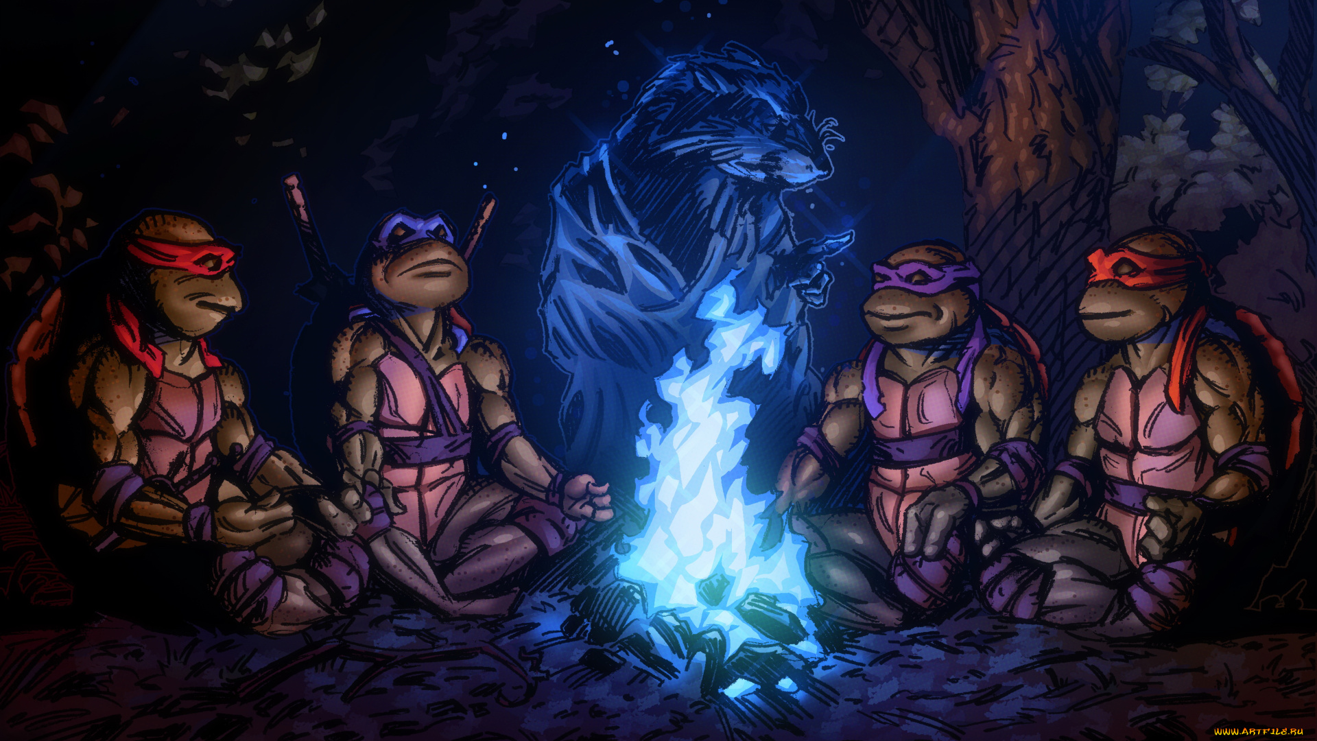 рисованное, комиксы, фон, черепашки, дух, костер