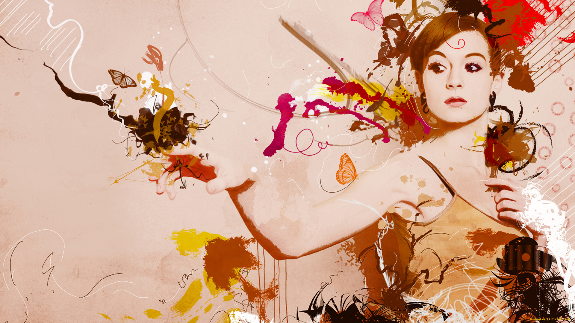 рисованное, люди, фон, девушка