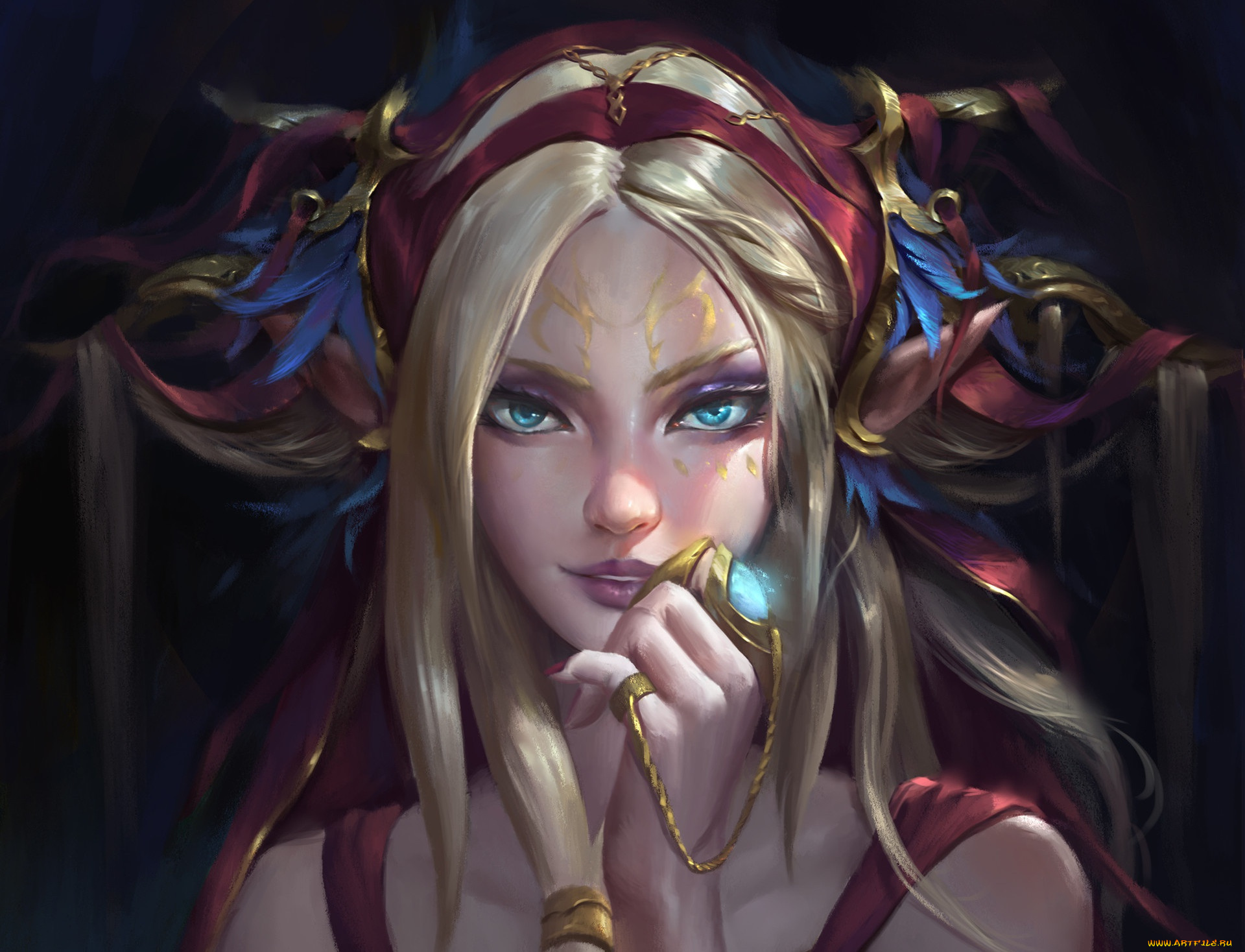 фэнтези, девушки, арт, рука, ленты, волосы, взгляд, украшение, девушка