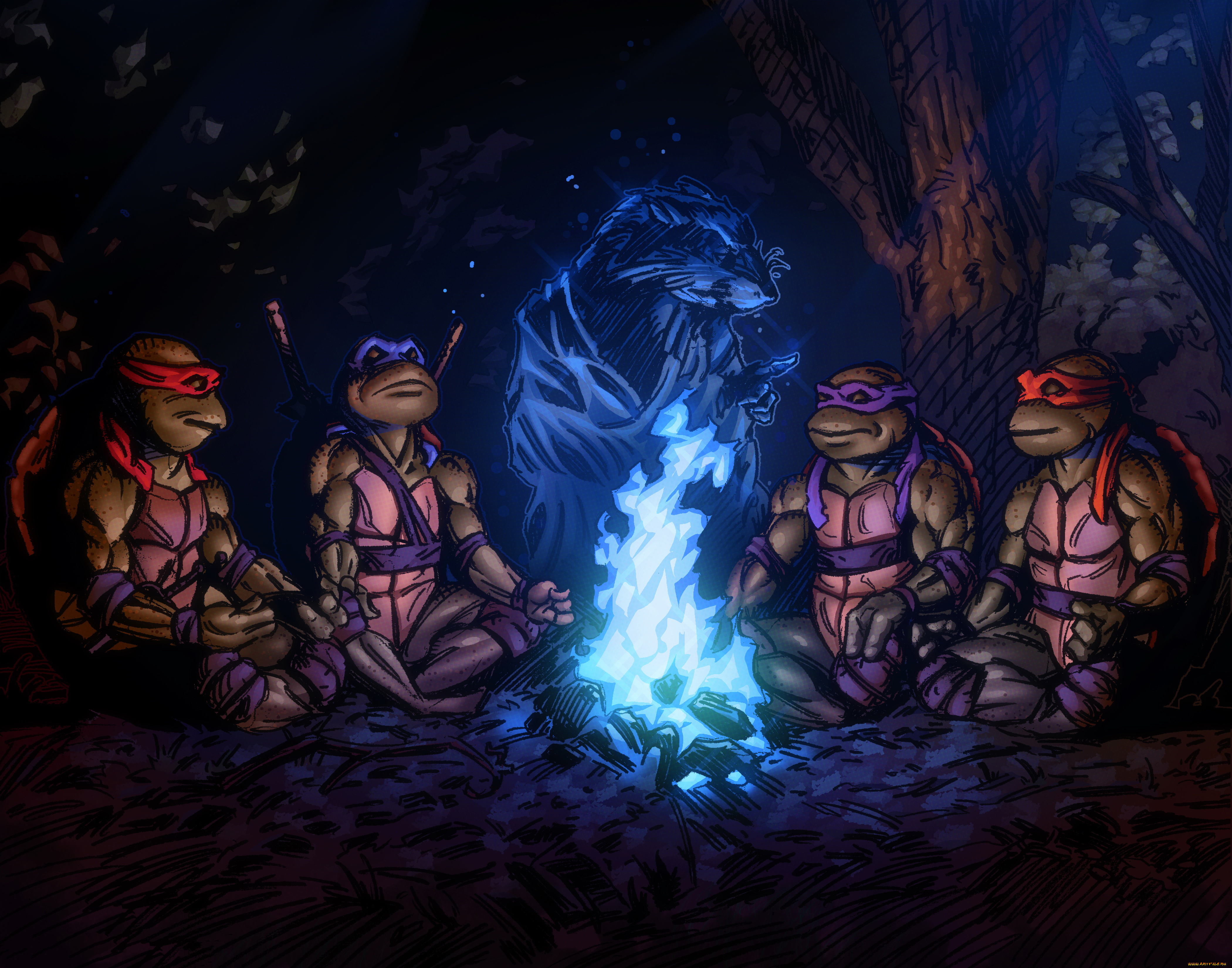 рисованное, комиксы, фон, черепашки, дух, костер