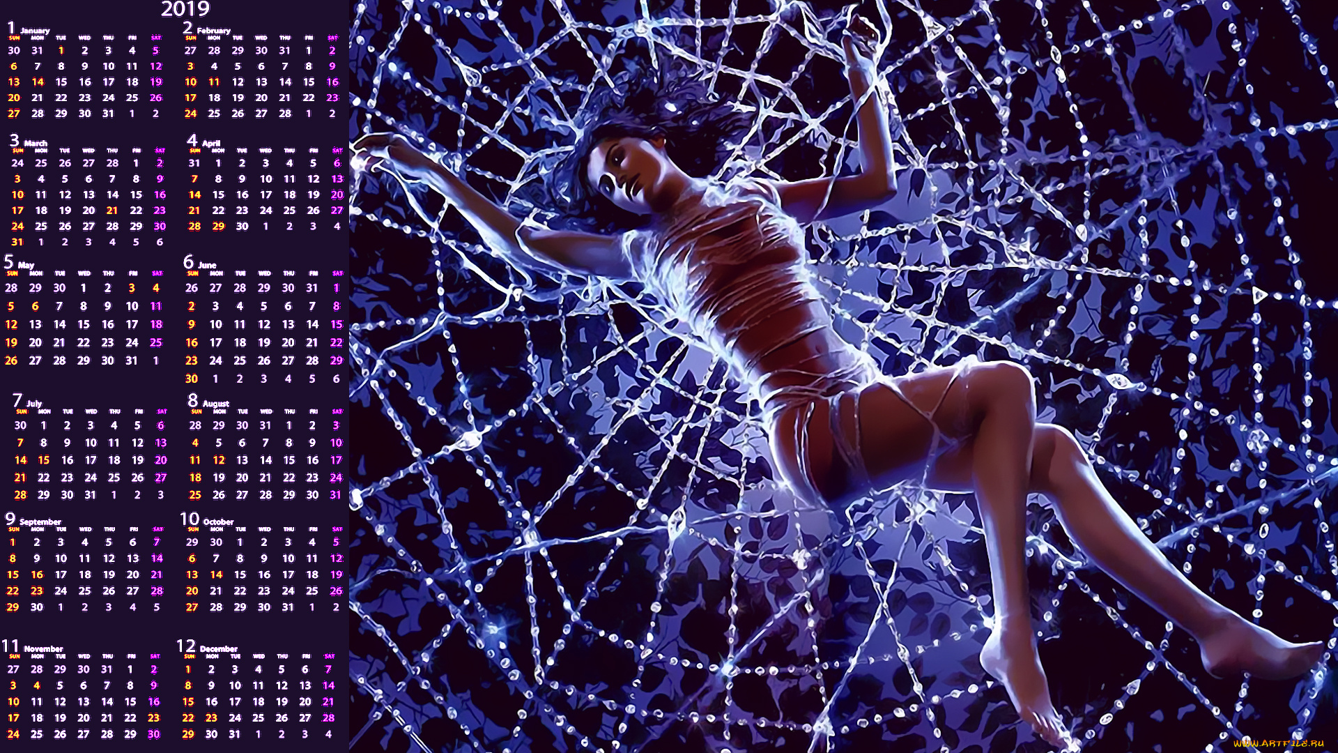 календари, фэнтези, лежать, паутина, девушка