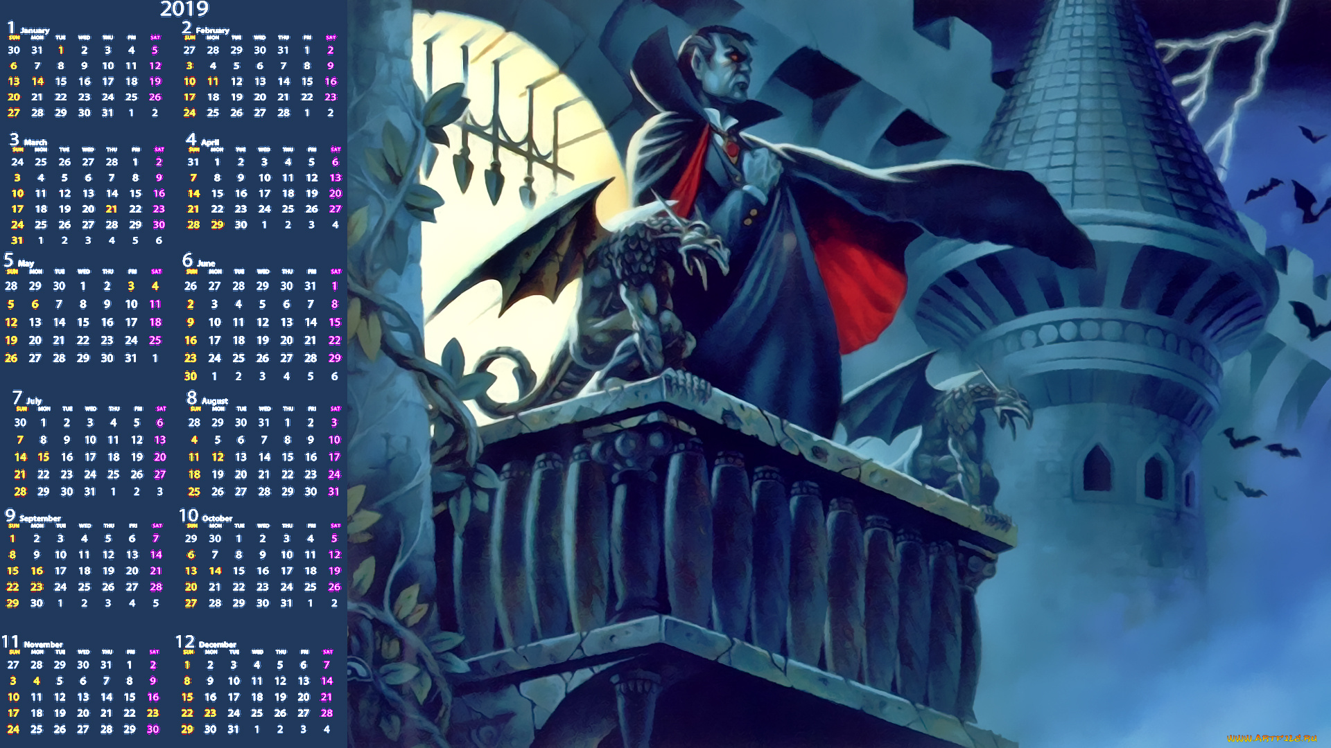 календари, фэнтези, замок, балкон, существо, мужчина, вампир