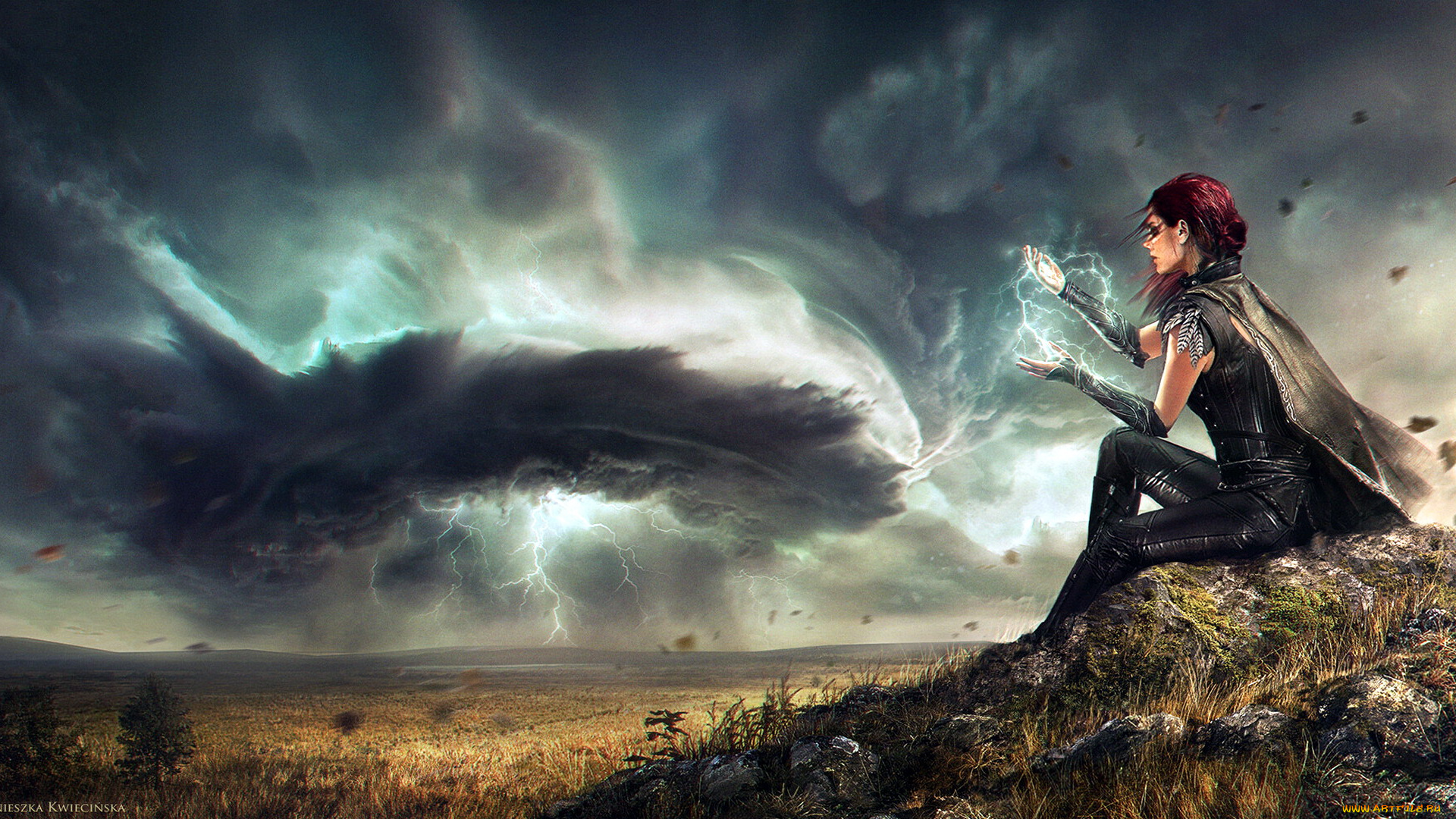 фэнтези, маги, , волшебники, девушка, магия, холм, поле, ураган