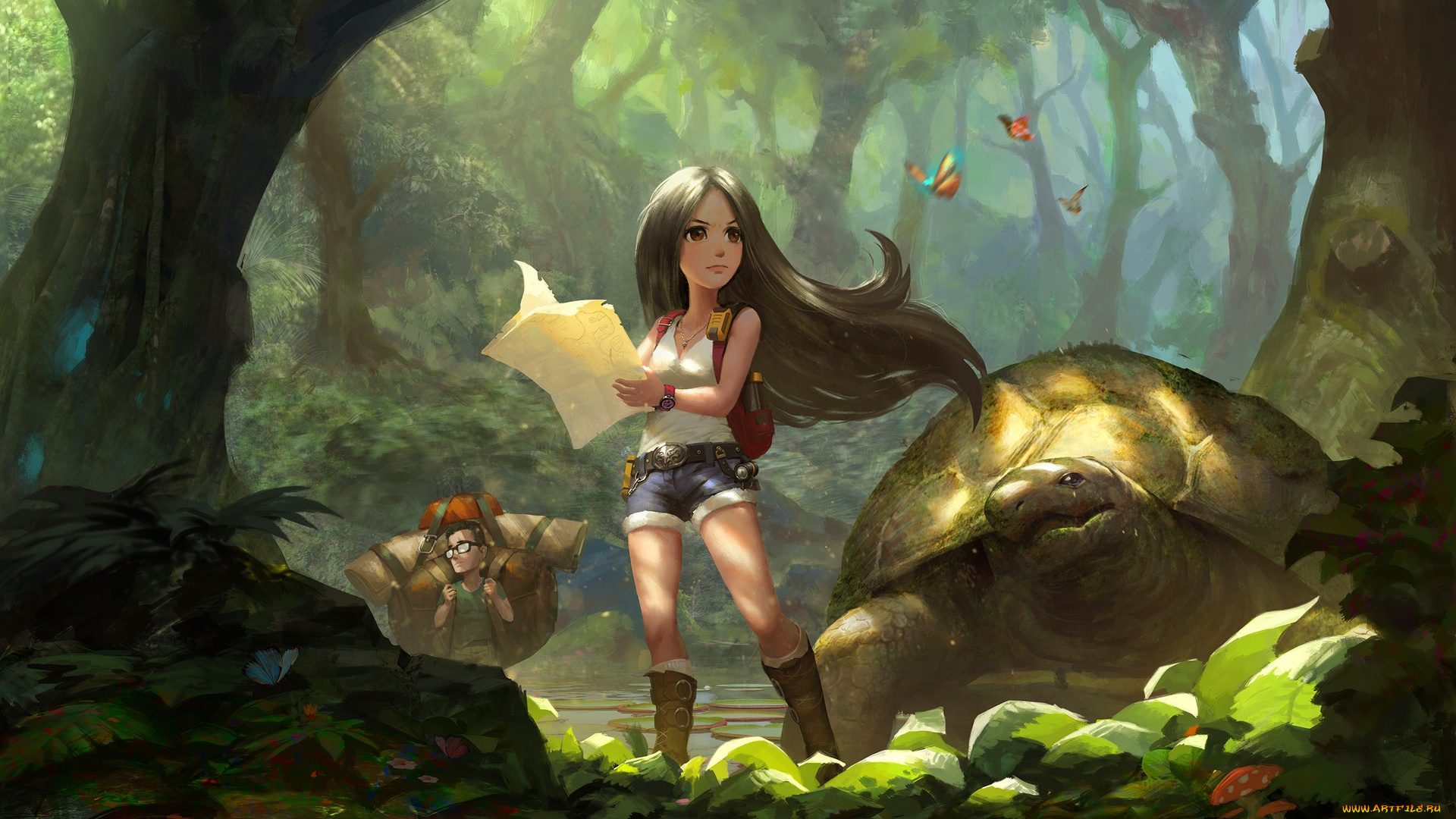 фэнтези, люди, девушка, мужчина, джунгли, черепаха, карта