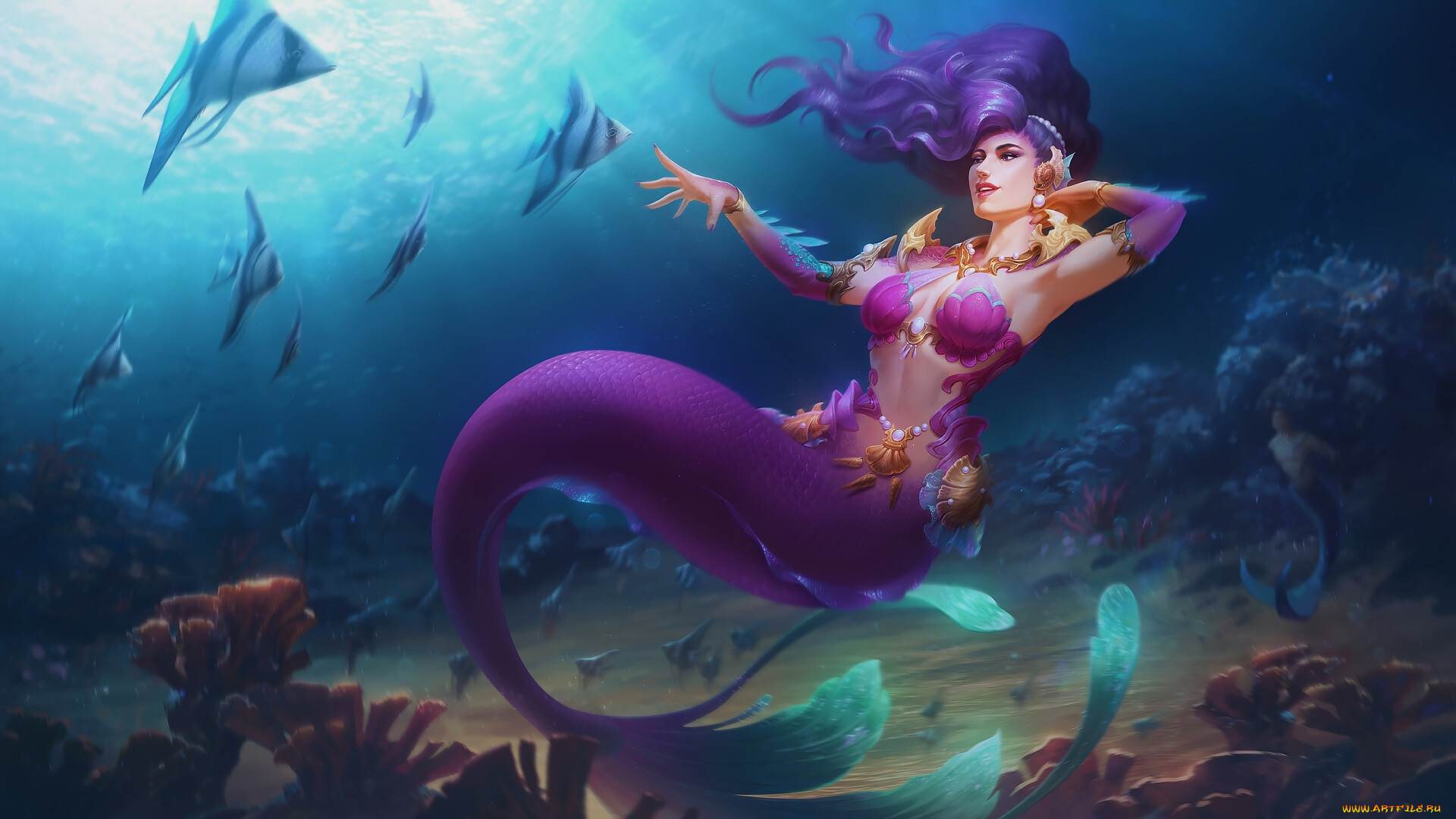 видео, игры, smite, русалка, рыбы, море, дно