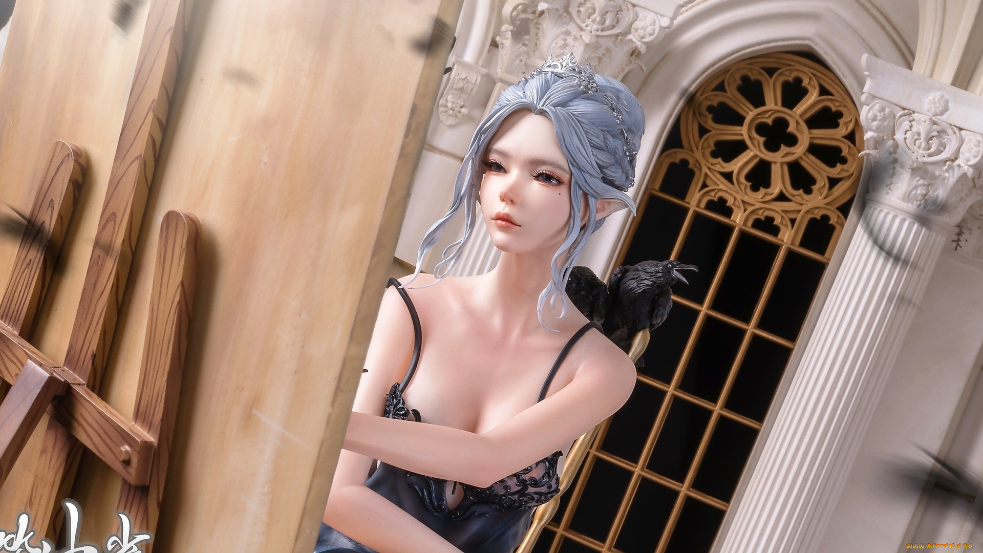 фэнтези, эльфы, мольберт, художница, эльфийка, ворон