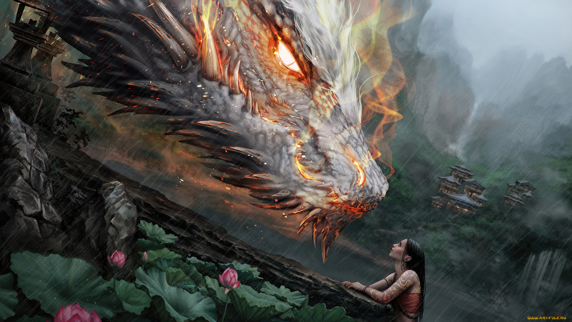 фэнтези, красавицы, и, чудовища, девушка, дракон