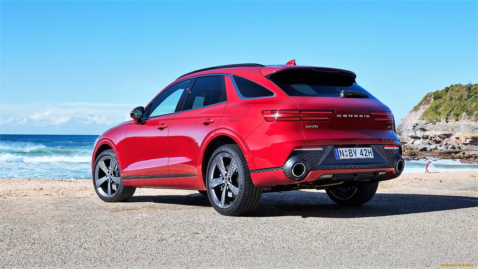 genesis, gv70, 2, 5t, awd, автомобили, genesis, красный, море, берег, скала