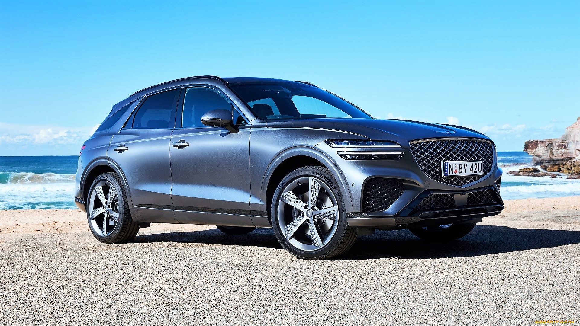 genesis, gv70, 3, 5t, awd, автомобили, genesis, серебристый, море, берег, скала