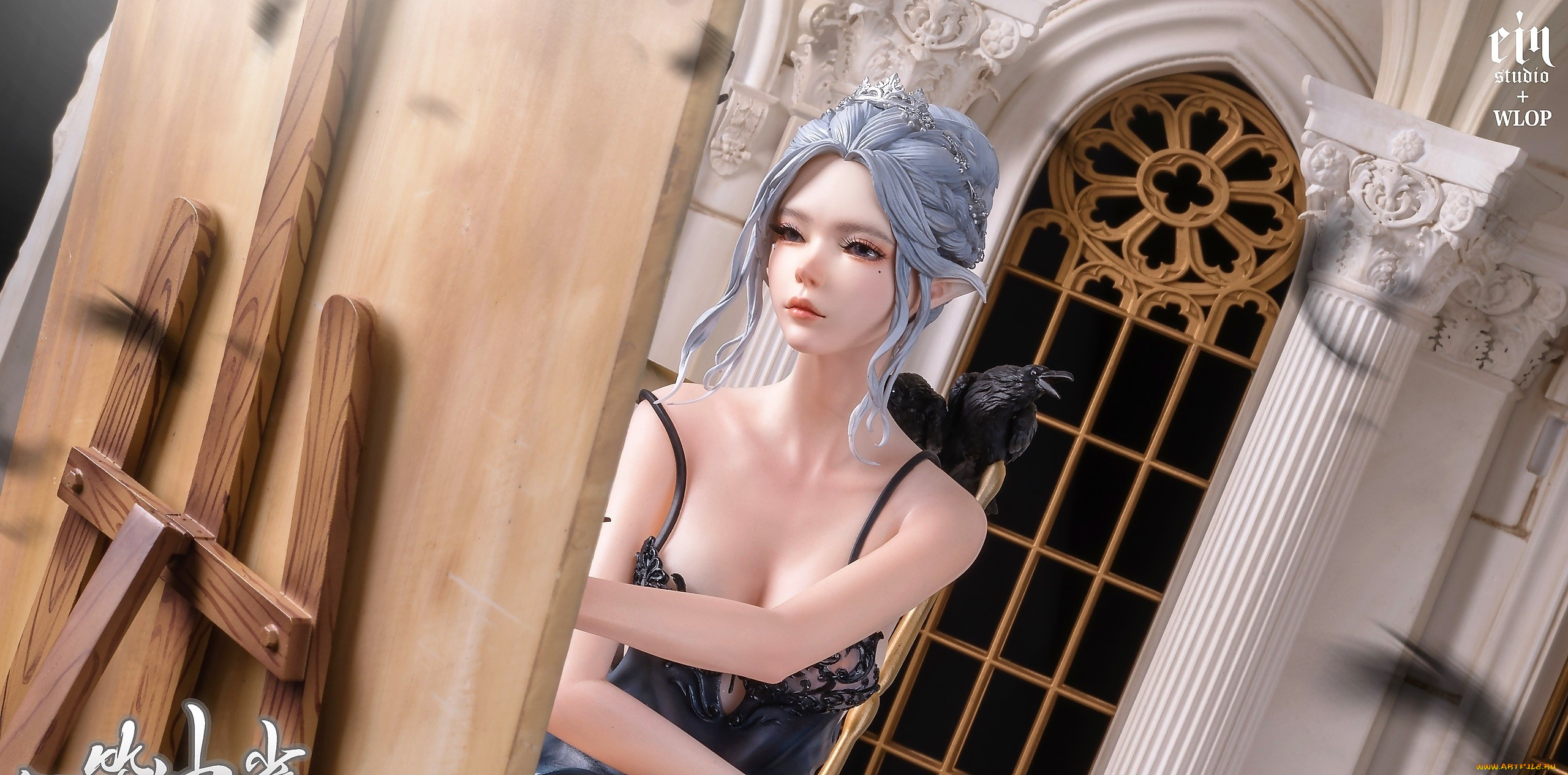 фэнтези, эльфы, мольберт, художница, эльфийка, ворон