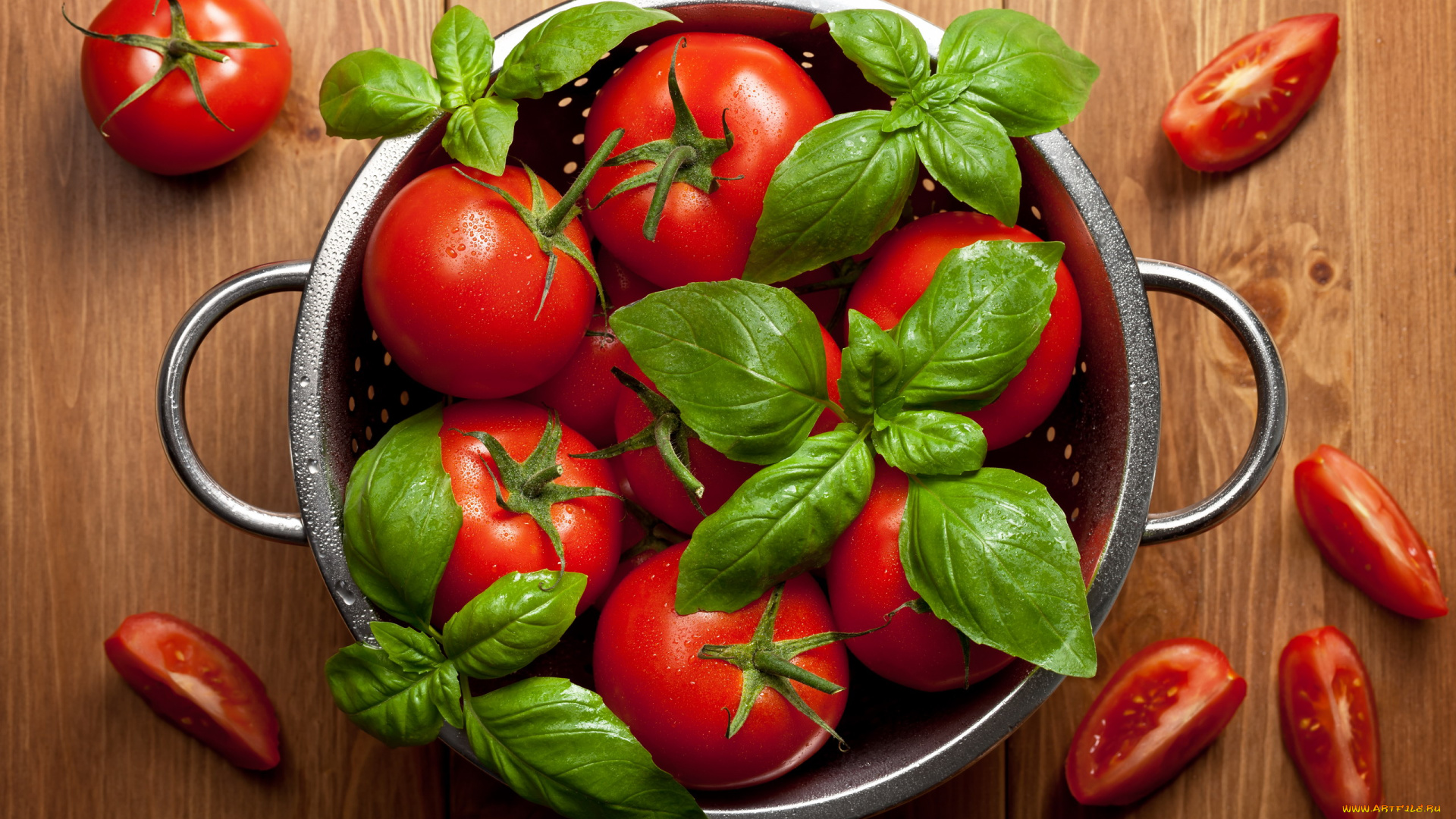 еда, помидоры, базилик, красные, спелые