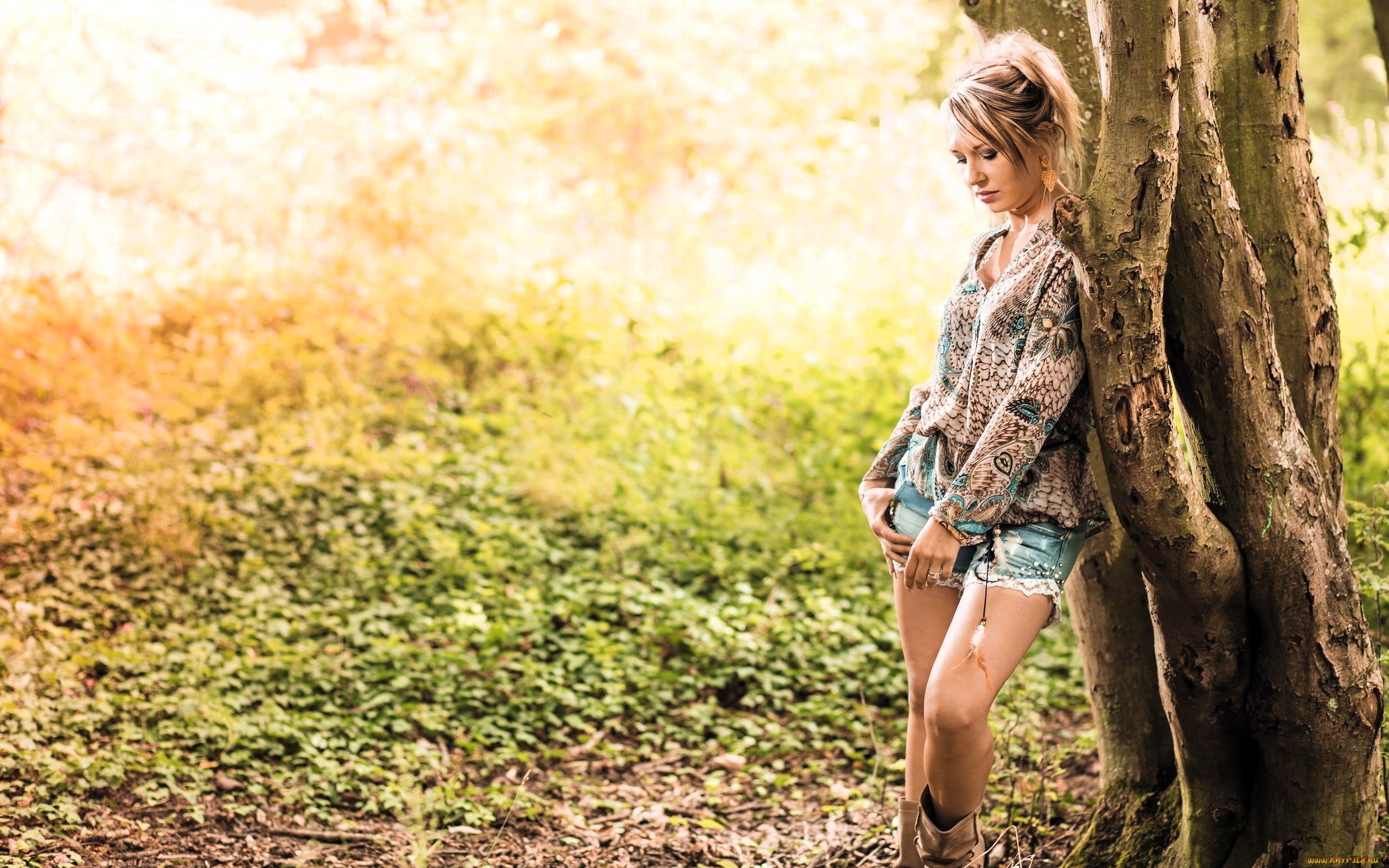 девушки, -, блондинки, , светловолосые, блондинка, туника, шорты, дерево