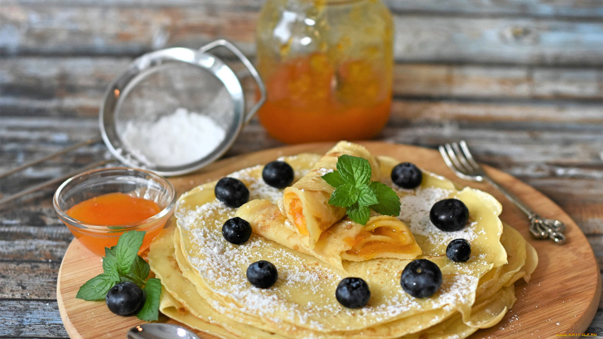 еда, блины, , оладьи, мята, черника, варенье