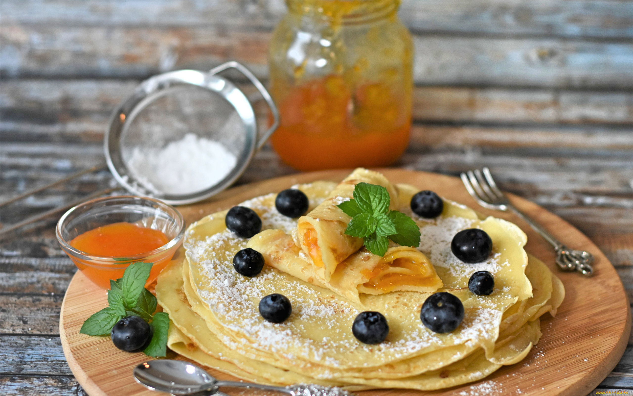 еда, блины, , оладьи, мята, черника, варенье