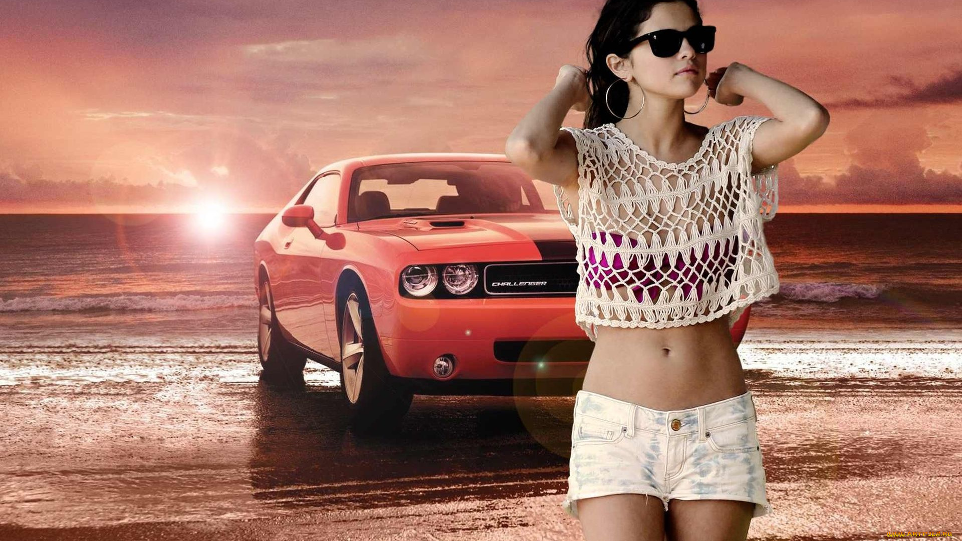 автомобили, авто, девушками, selena, gomez, закат, море, challenger
