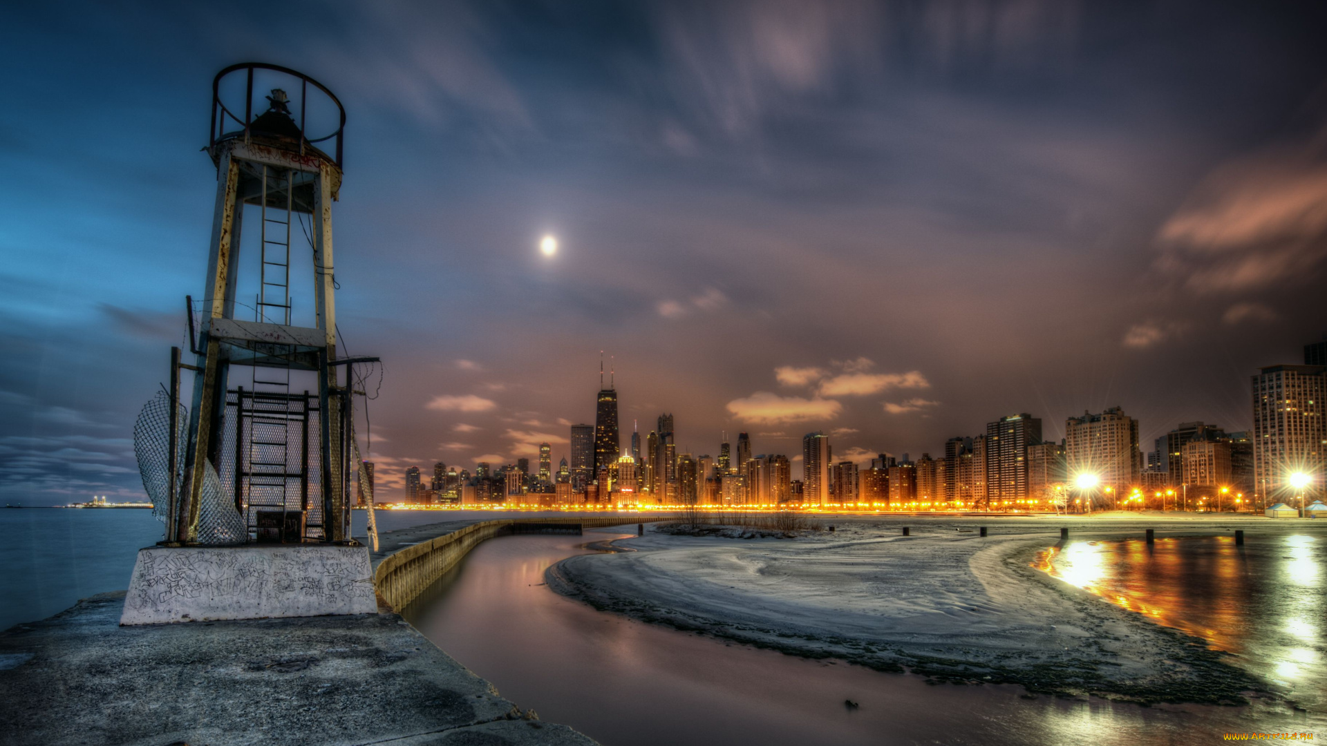 chicago, города, Чикаго, сша, огни, hdr, lighthouse, здания, маяк, ночь