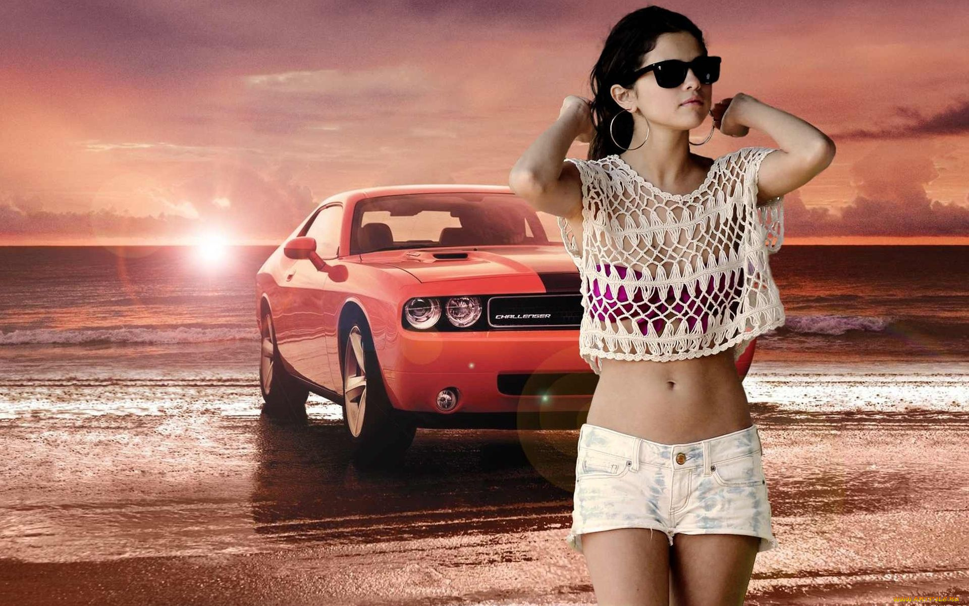 автомобили, авто, девушками, selena, gomez, закат, море, challenger