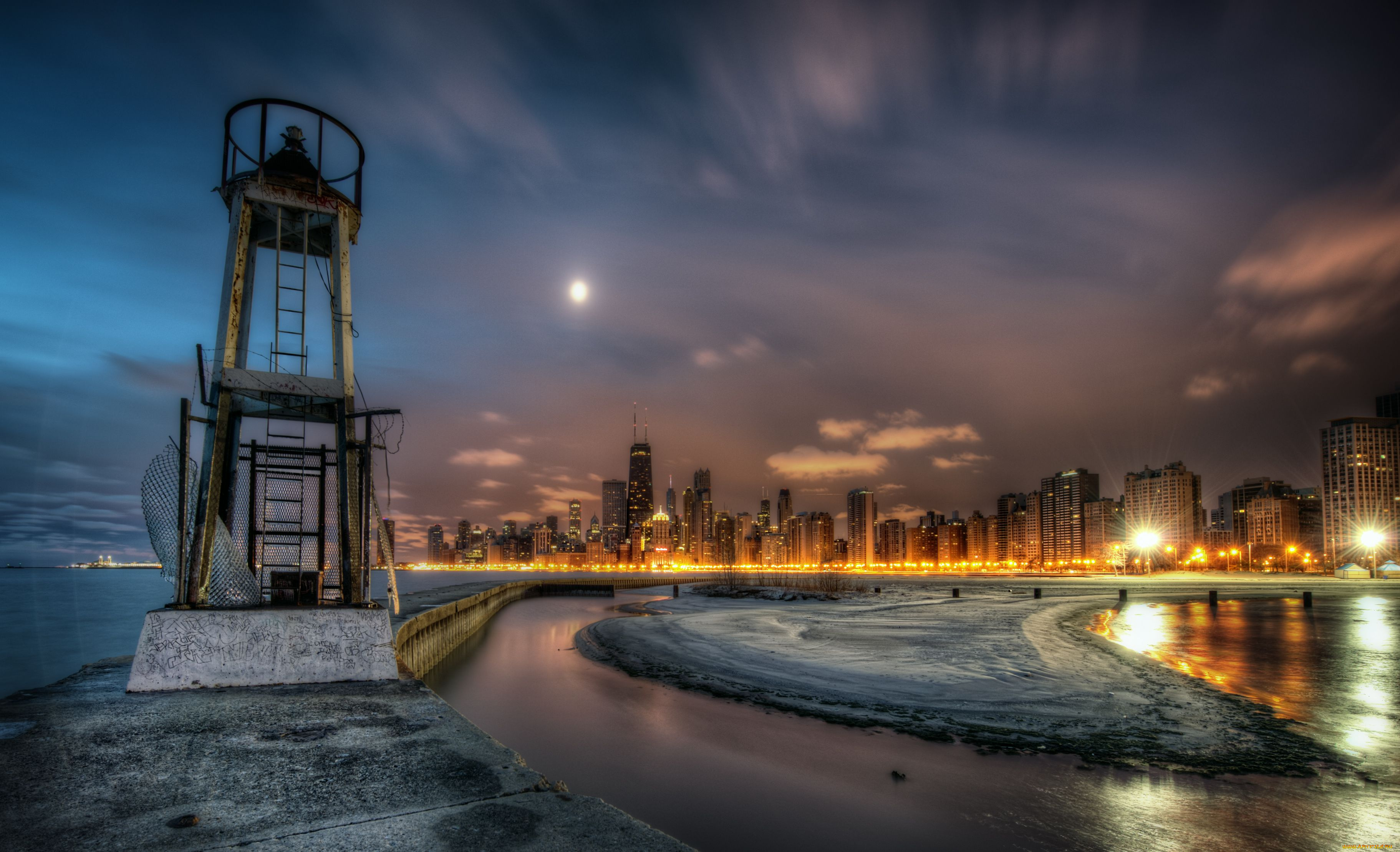 chicago, города, Чикаго, сша, огни, hdr, lighthouse, здания, маяк, ночь