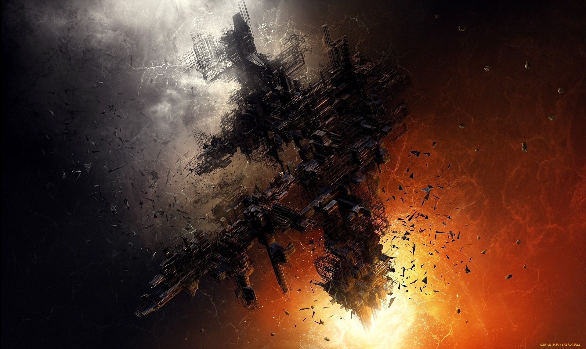 космос, арт, корабль, обломки, энергия