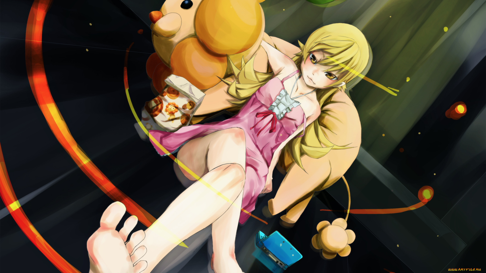 аниме, bakemonogatari, oshino, shinobu, девушка, платье, игрушки, psp, клыки