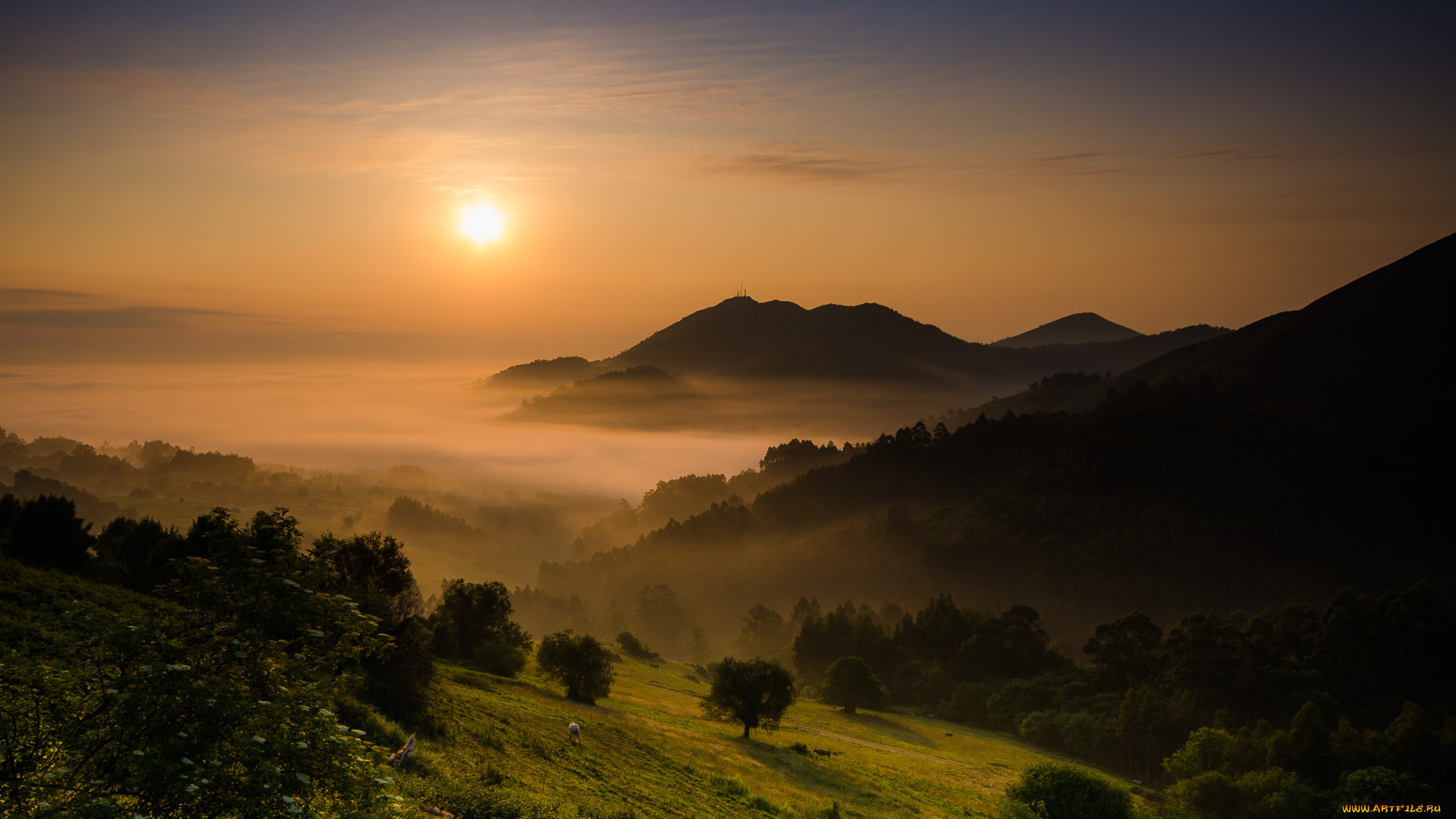 asturias, spain, природа, восходы, закаты, астурия, испания, долина, горы, деревья, закат