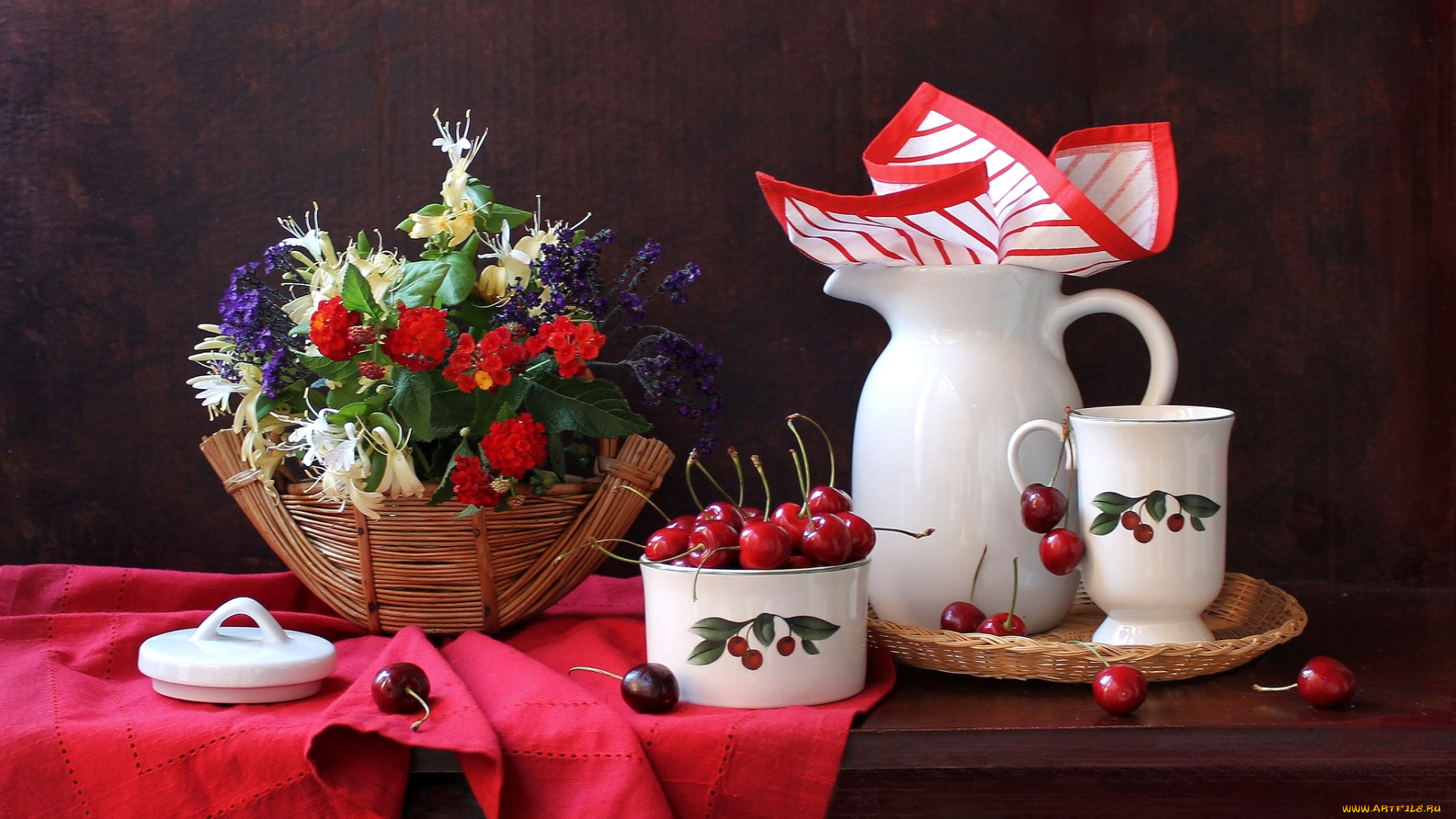 еда, вишня, черешня, кувшин, букет