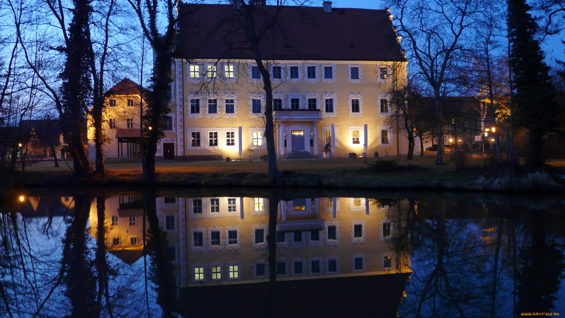 германия, бранденбург, города, огни, ночного, ночь, дом, река