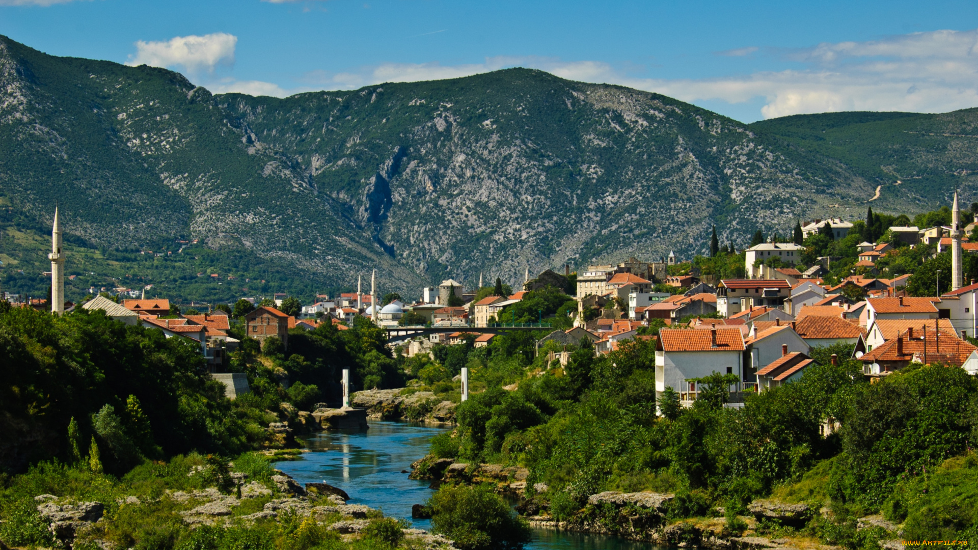 города, мостар, босния, герцеговина, крыши, горы, река