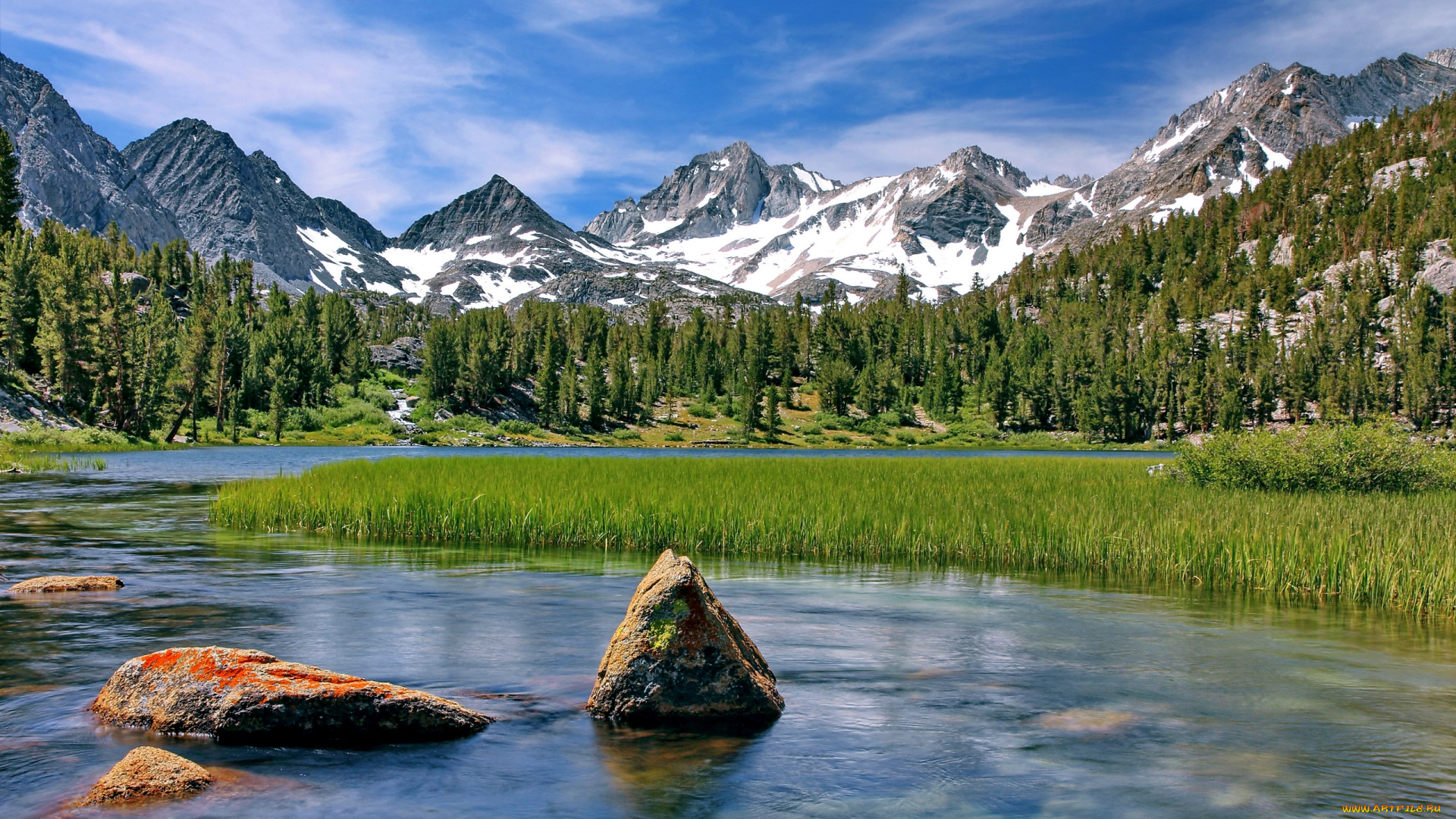 heart, lake, little, lakes, valley, california, природа, реки, озера, калифорния, озеро, горы, камыш, камни