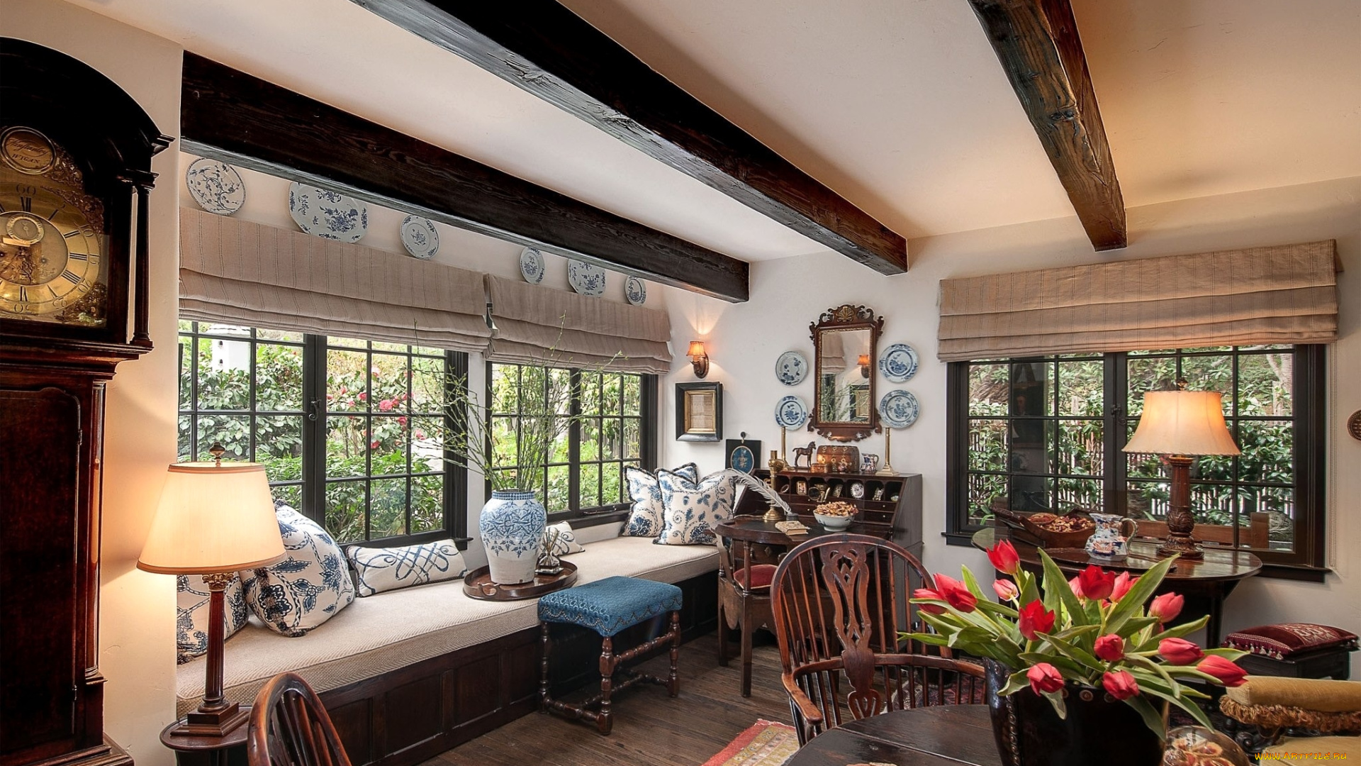 интерьер, гостиная, дизайн, ваза, подоконник