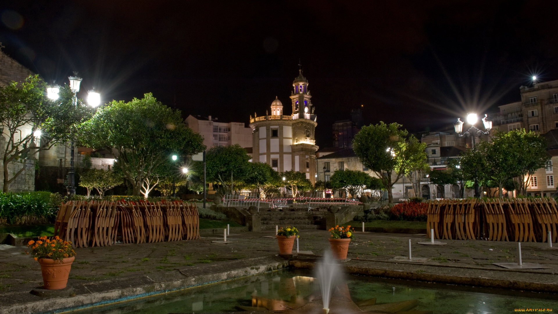 испания, галисия, понтеведра, города, огни, ночного, ночь, площадь, дома