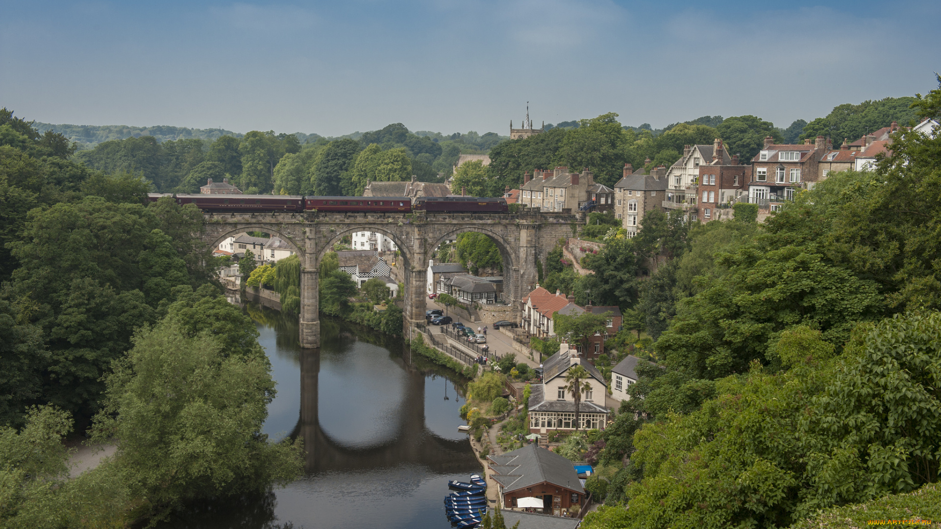 knaresborough, england, города, мосты, англия, нерсборо, пейзаж, панорама, river, nidd, река, поезд