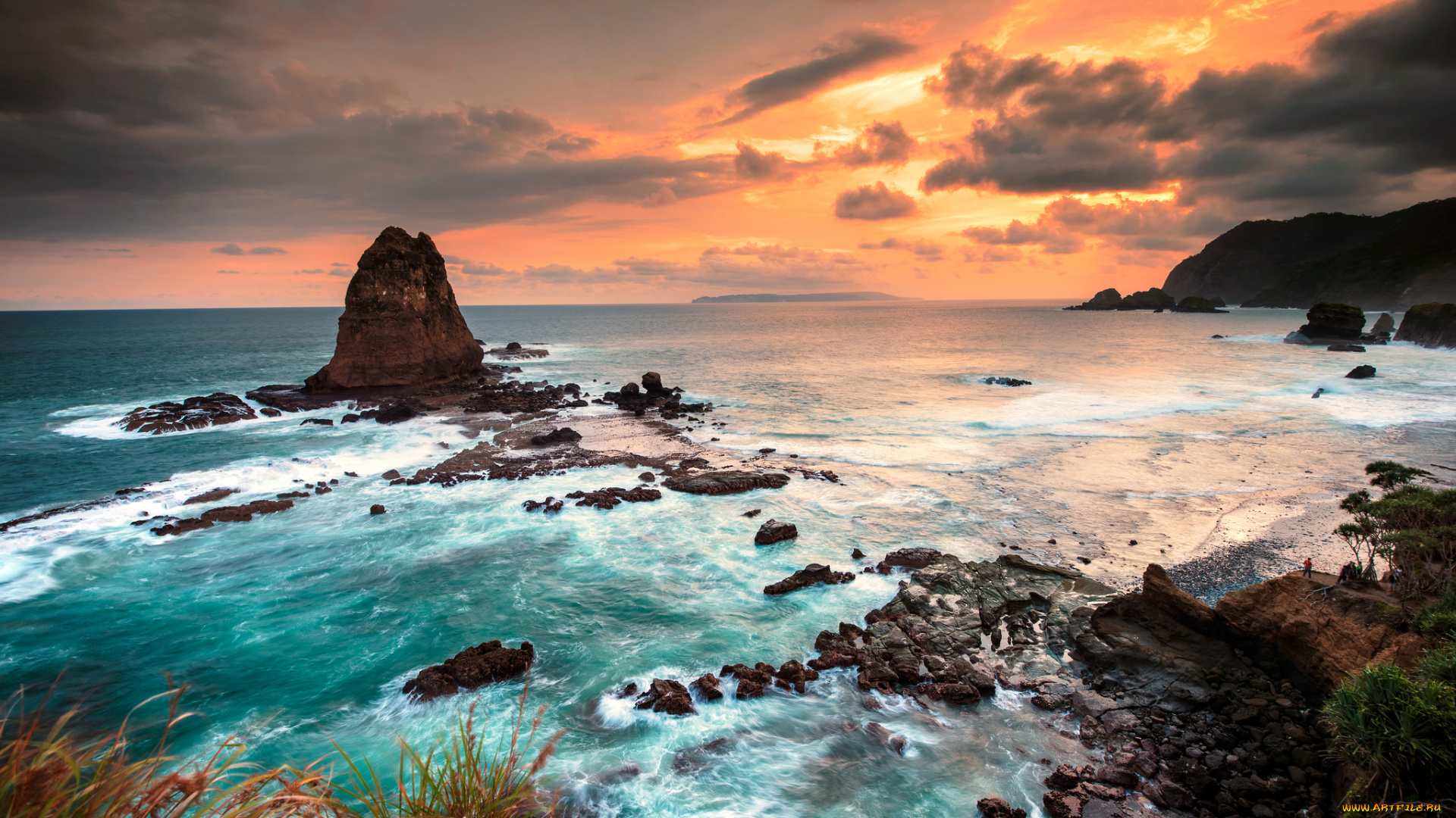 papuma, beach, jember, east, java, indonesia, природа, побережье, sea, Ява, индонезия, Яванское, море, закат, скалы