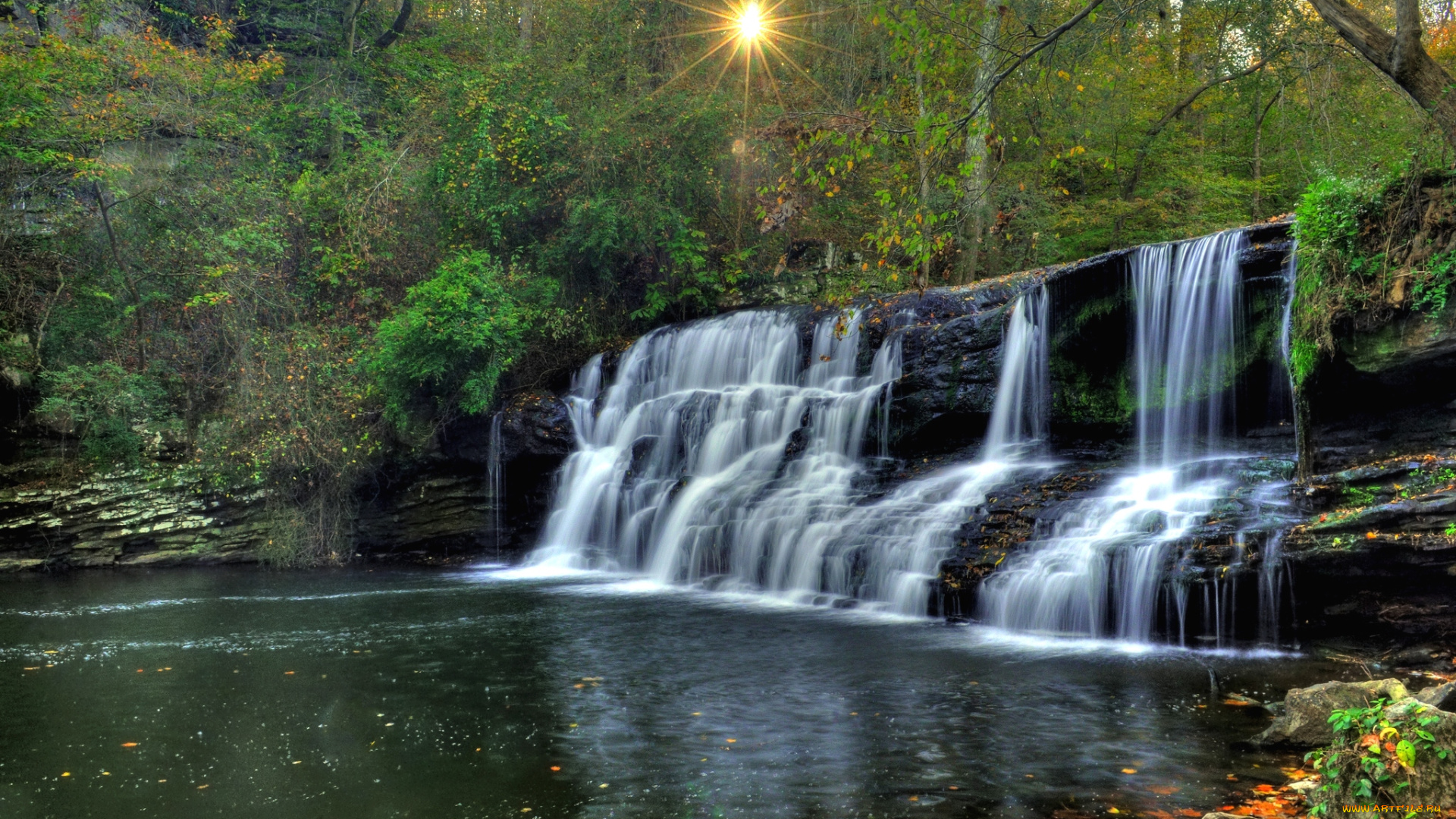 природа, водопады, поток, солнце, вода