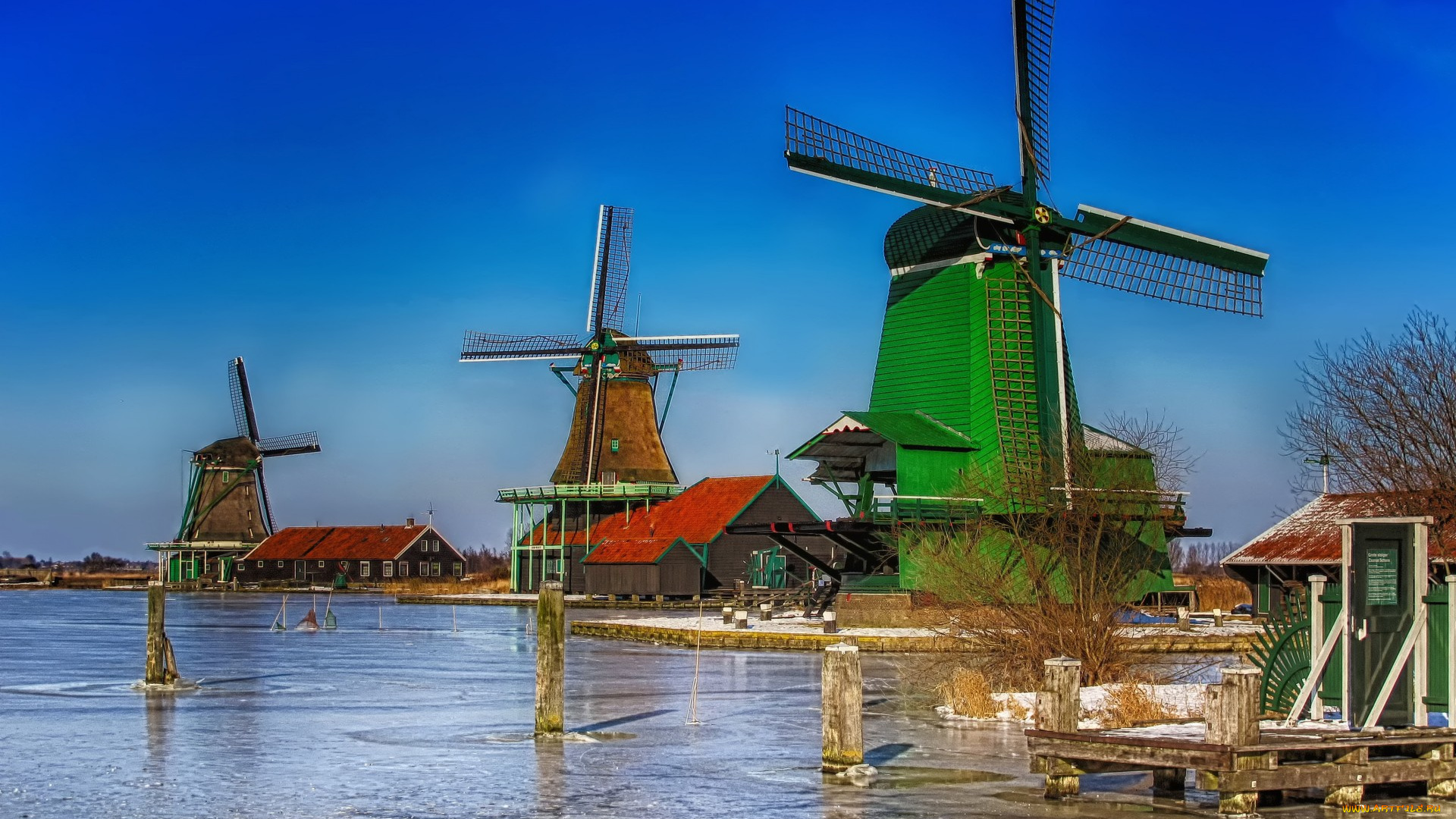 разное, мельницы, голландия, река, поселок