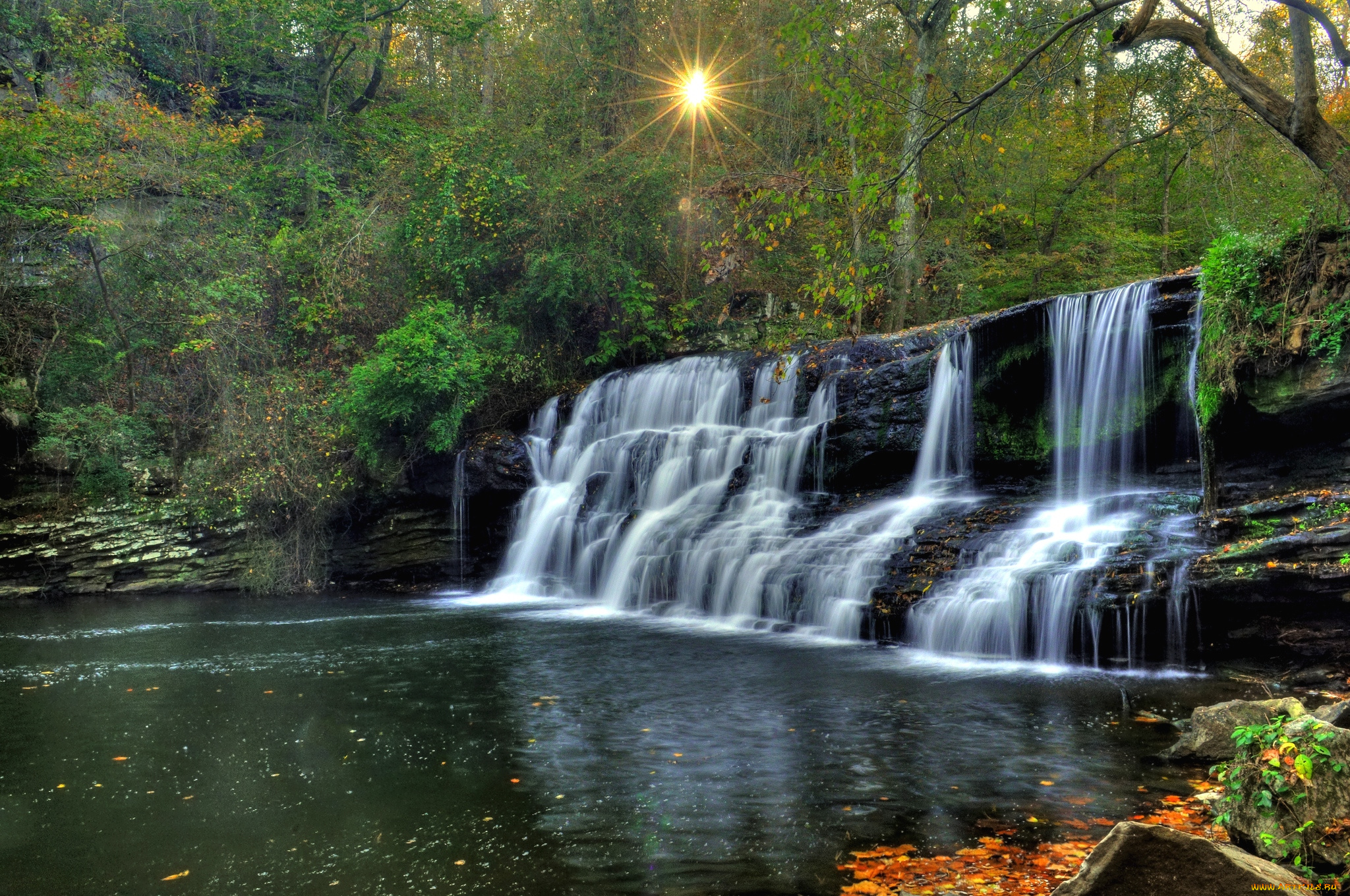 природа, водопады, поток, солнце, вода