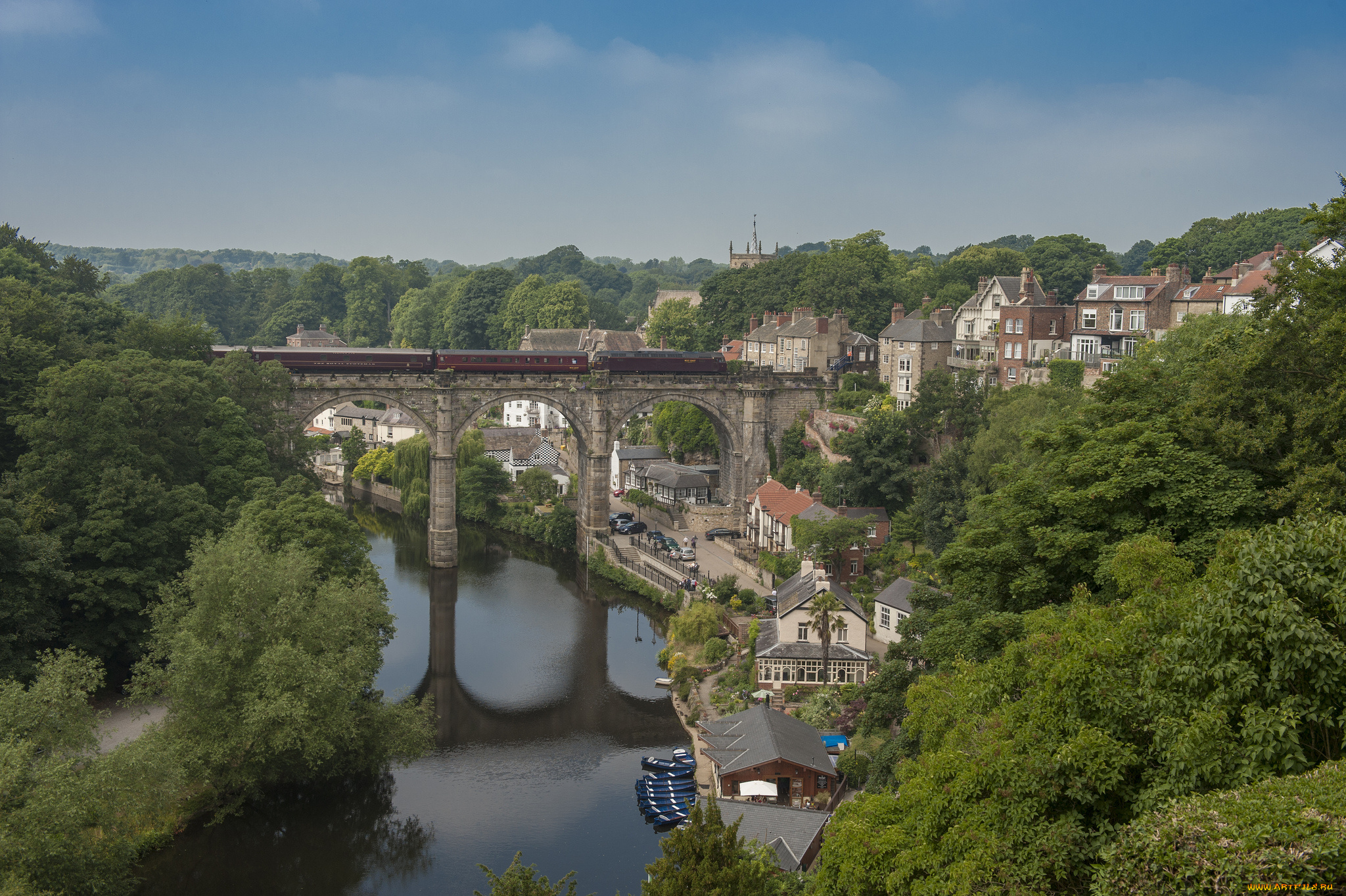 knaresborough, england, города, мосты, англия, нерсборо, пейзаж, панорама, river, nidd, река, поезд