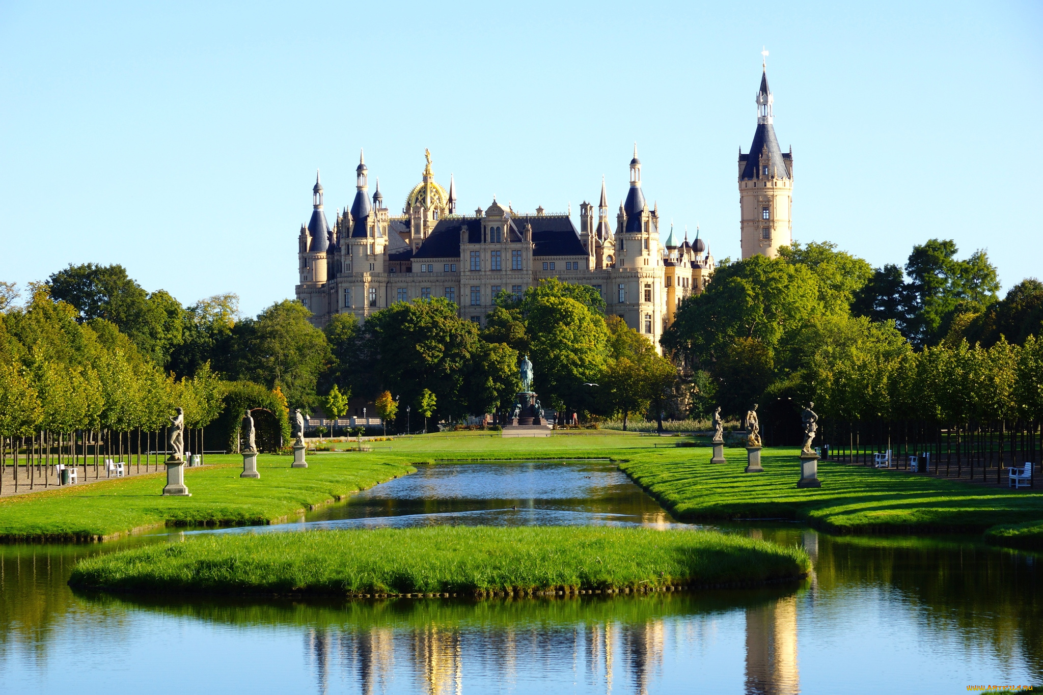 города, замок, шверин, германия, статуи, парк